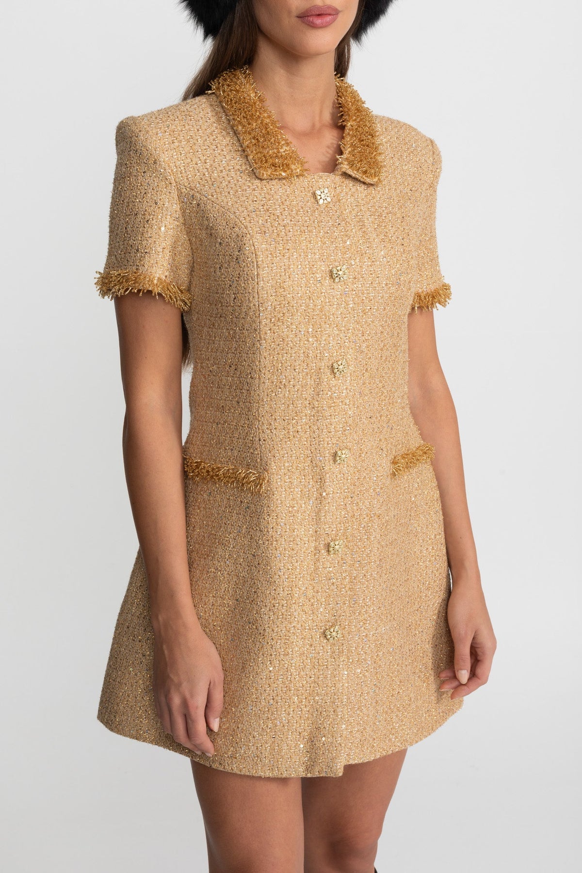 Allegra Gold Short Sleeve Tweed Mini Dress With Metallic Fringe Trim