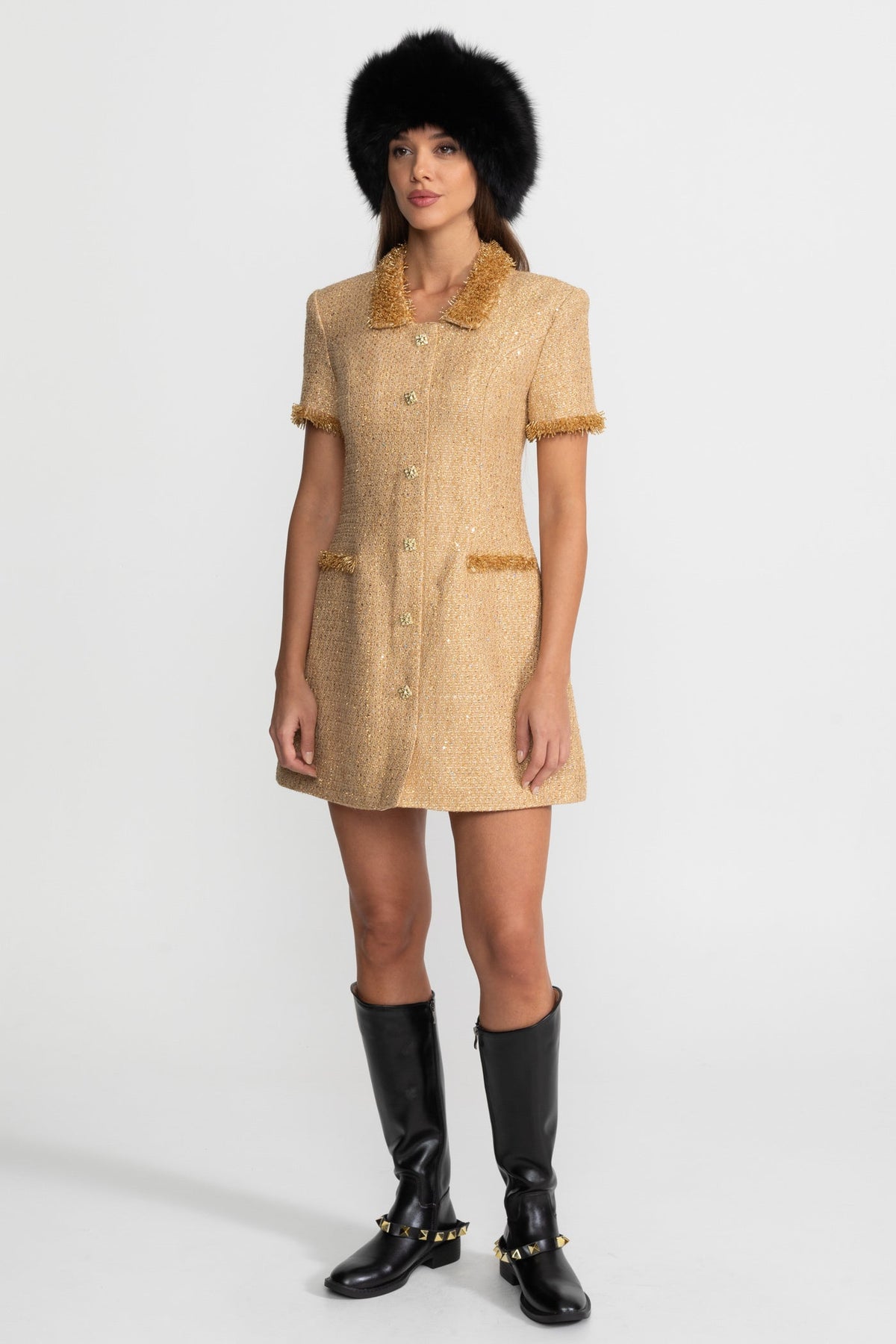 Allegra Gold Short Sleeve Tweed Mini Dress With Metallic Fringe Trim