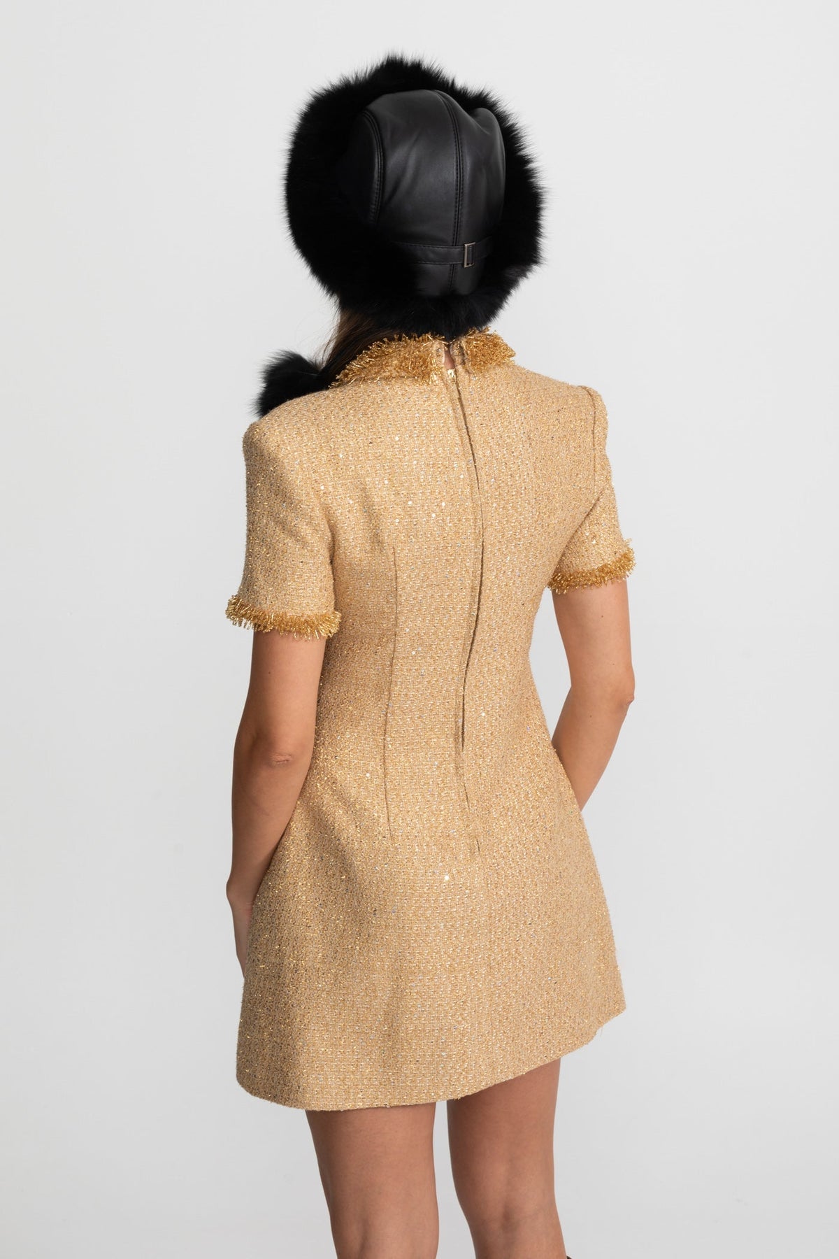 Allegra Gold Short Sleeve Tweed Mini Dress With Metallic Fringe Trim