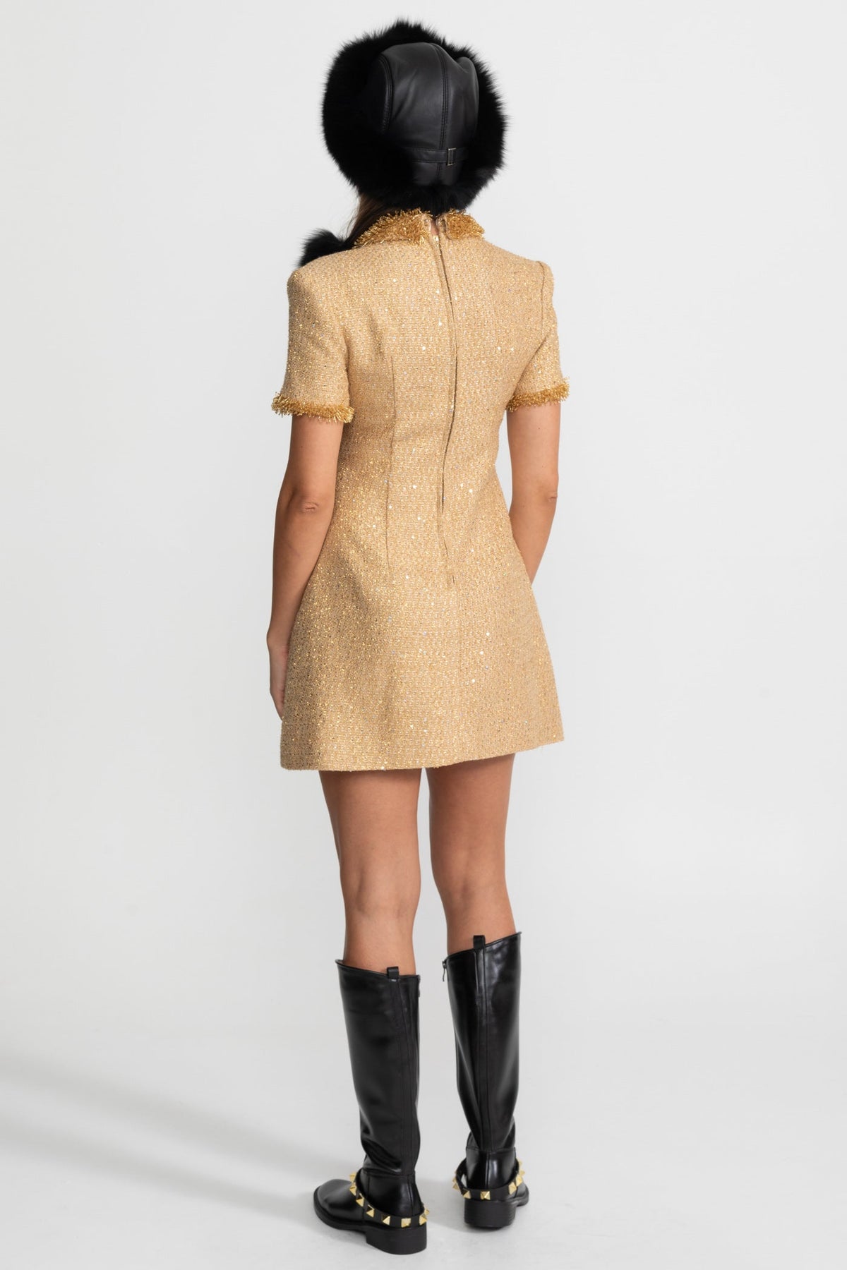 Allegra Gold Short Sleeve Tweed Mini Dress With Metallic Fringe Trim
