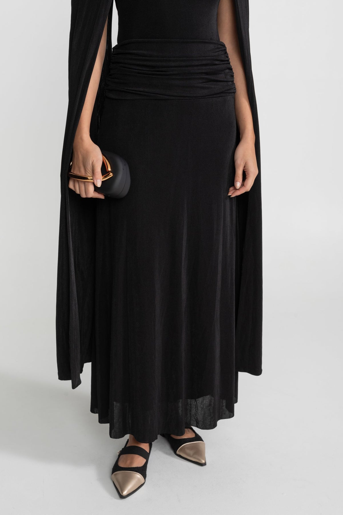 Draped Cape Maxi Dress With Ruched Waist – Black