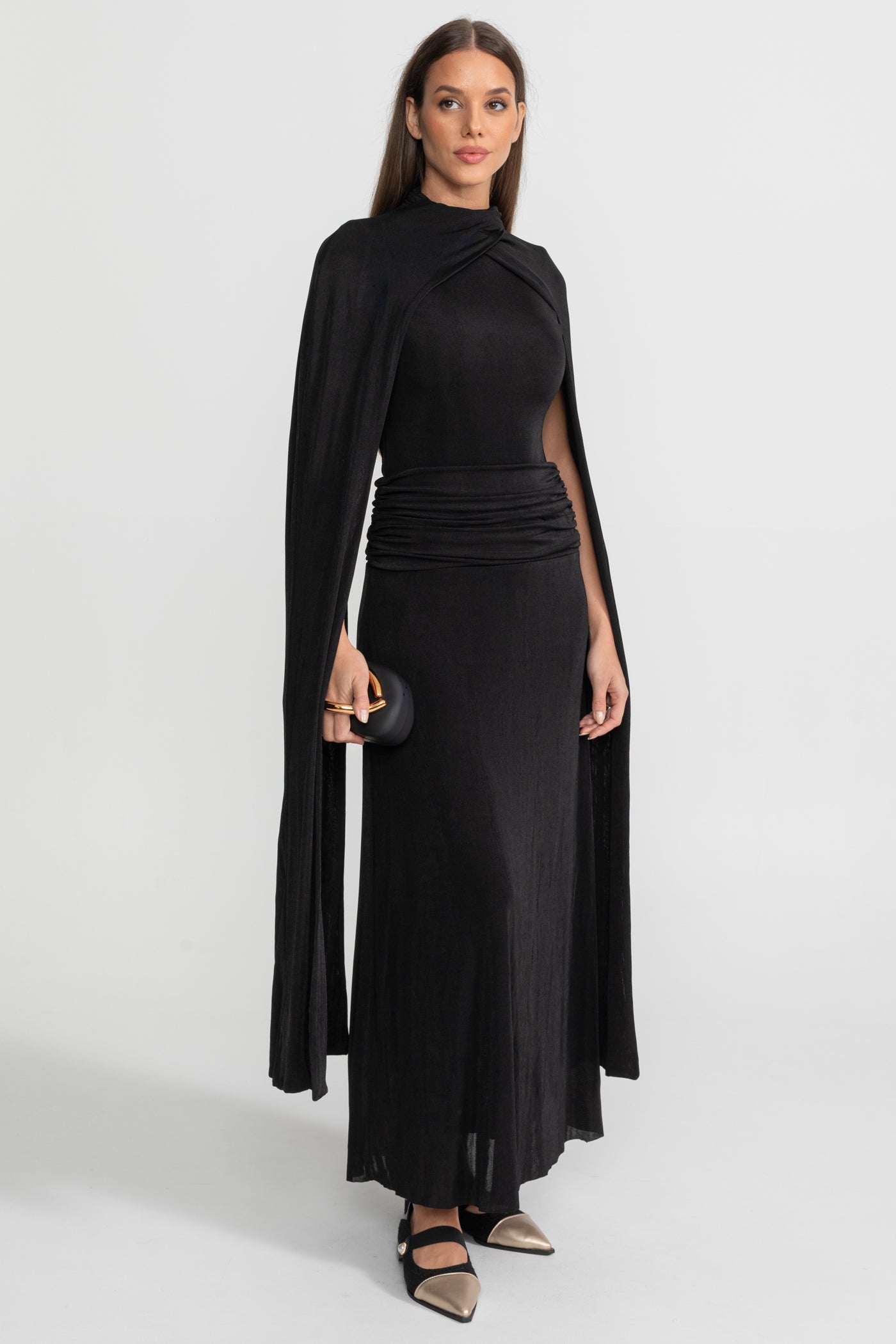 Draped Cape Maxi Dress With Ruched Waist – Black