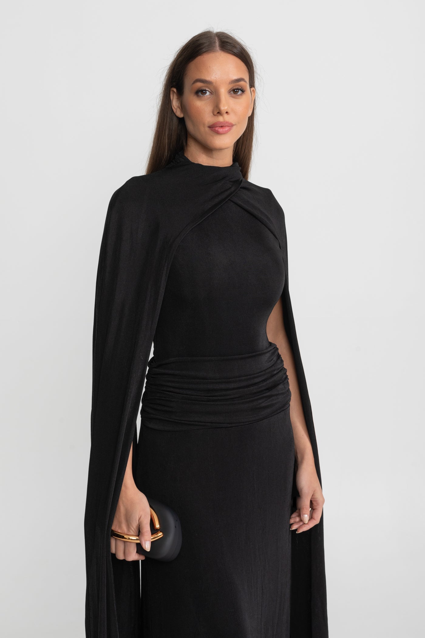 Draped Cape Maxi Dress With Ruched Waist – Black