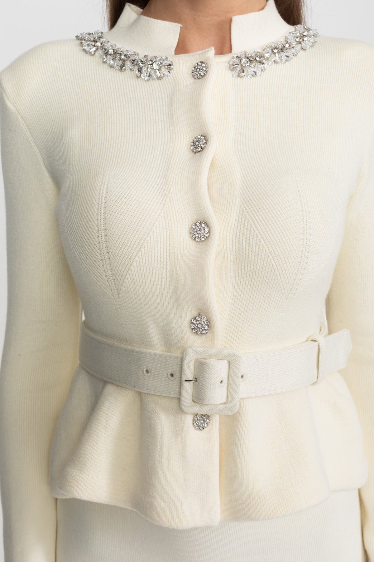Isabeau Ivoire Midi Dress with Peplum Waist and Crystal Collar
