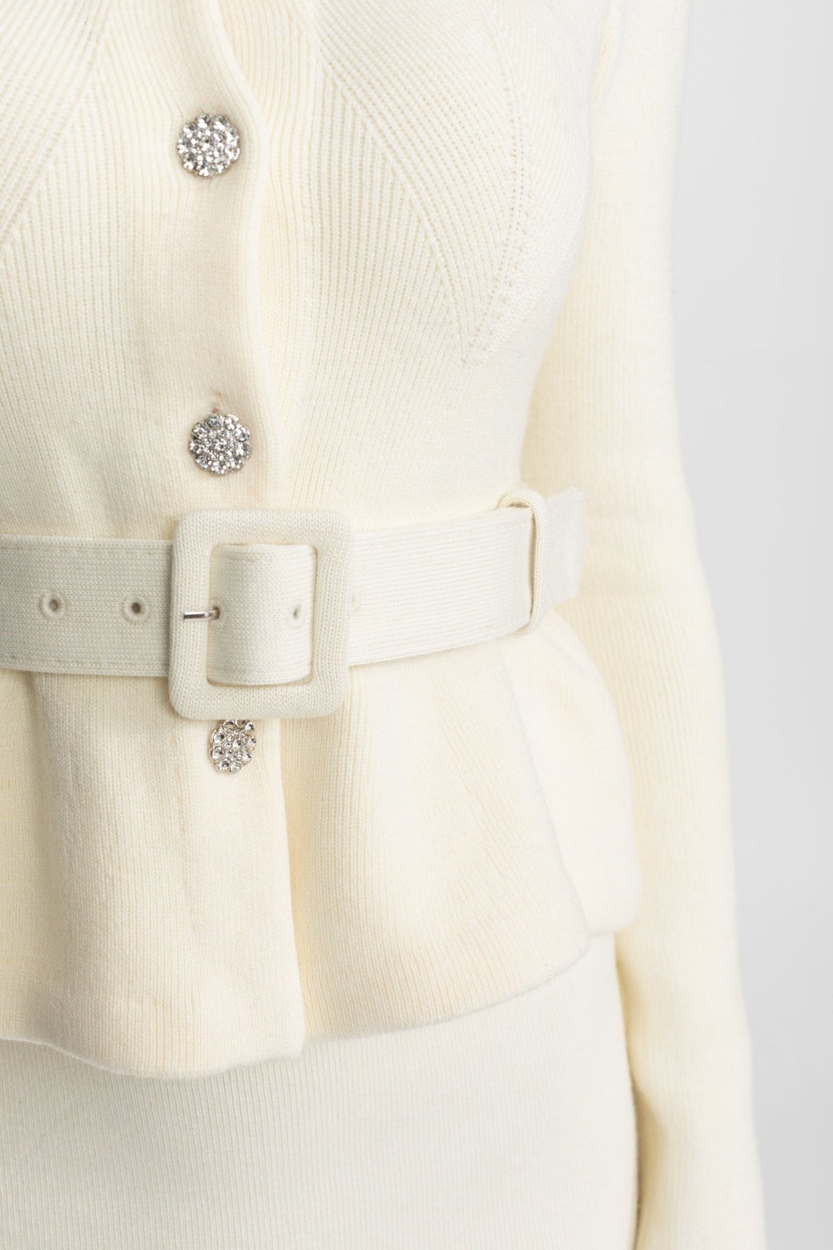Isabeau Ivoire Midi Dress with Peplum Waist and Crystal Collar