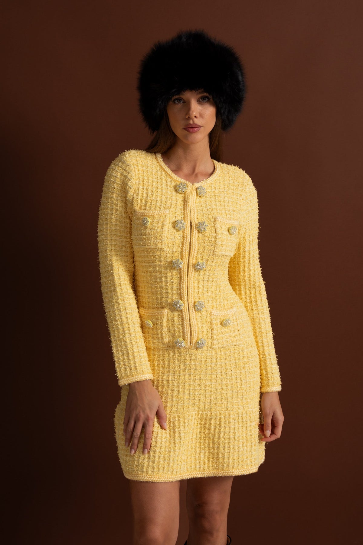 Florentine Yellow Long Sleeve Knee-Length Knitted Dress