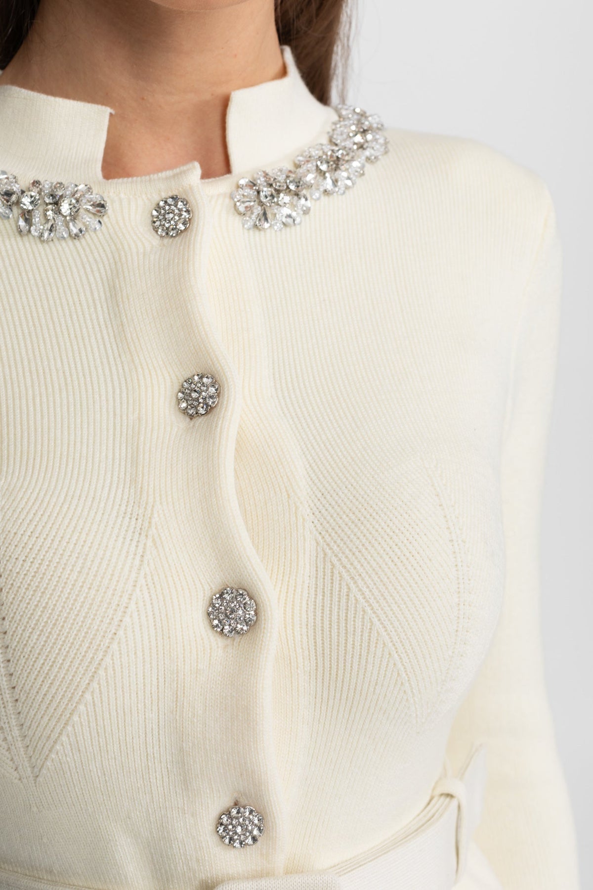 Isabeau Ivoire Midi Dress with Peplum Waist and Crystal Collar