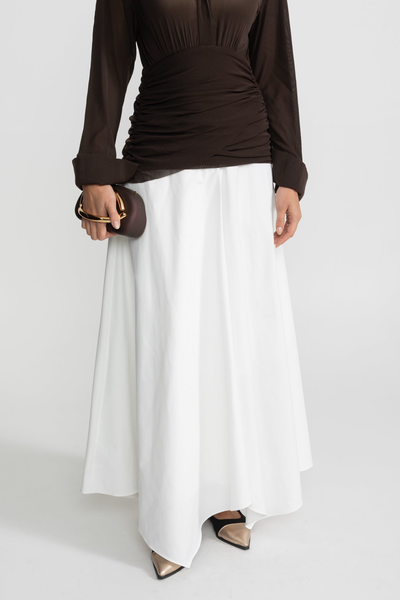 Long-Sleeve Ruched Bodice Maxi Dress – Brown & White