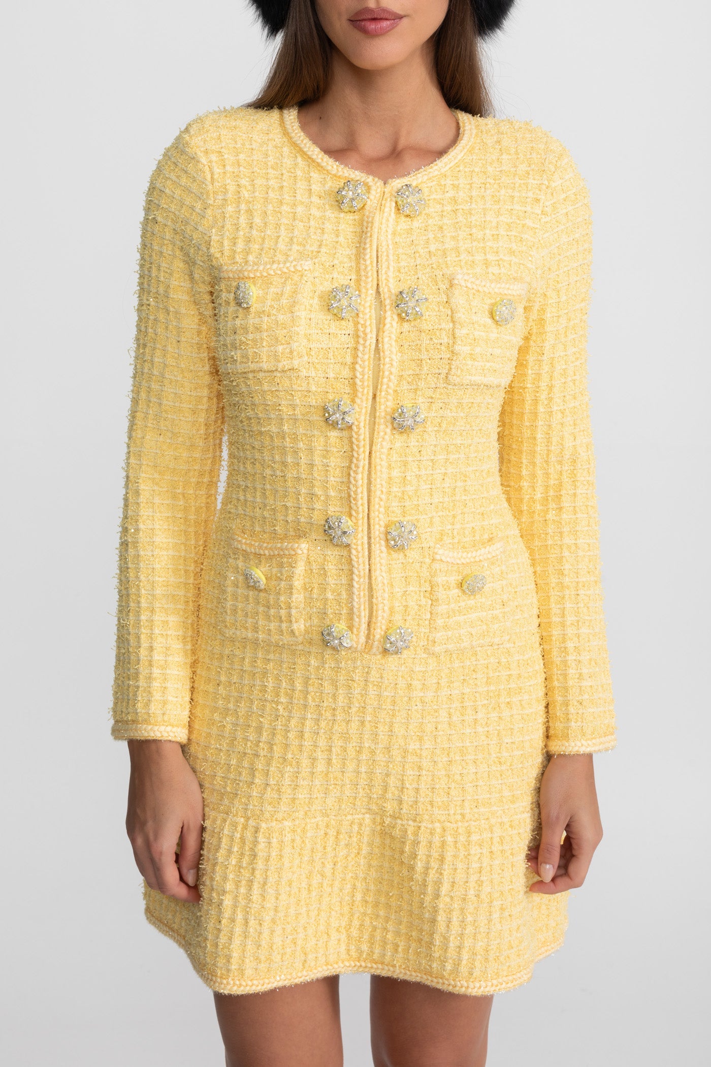 Embellished Tweed Mini Dress With Jewel Buttons – Yellow