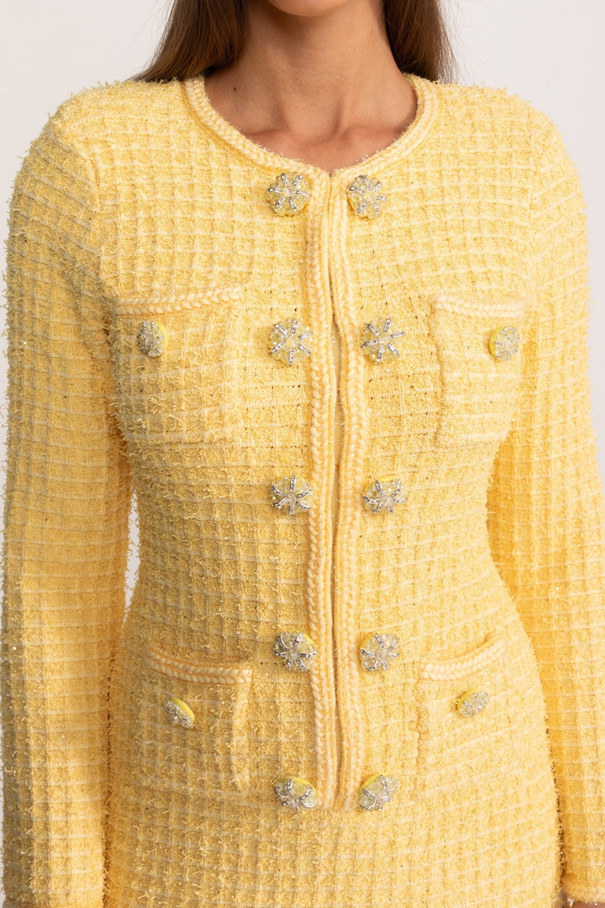 Florentine Yellow Long Sleeve Knee-Length Knitted Dress