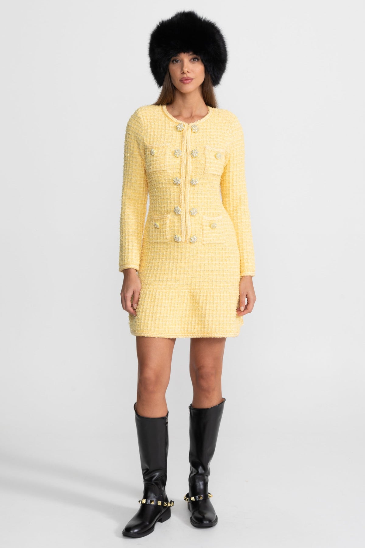 Florentine Yellow Long Sleeve Knee-Length Knitted Dress