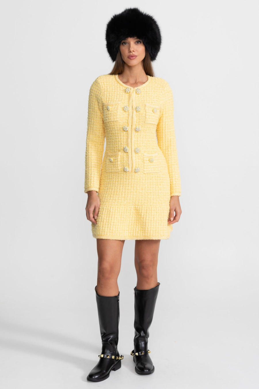Florentine Yellow Long Sleeve Knee-Length Knitted Dress