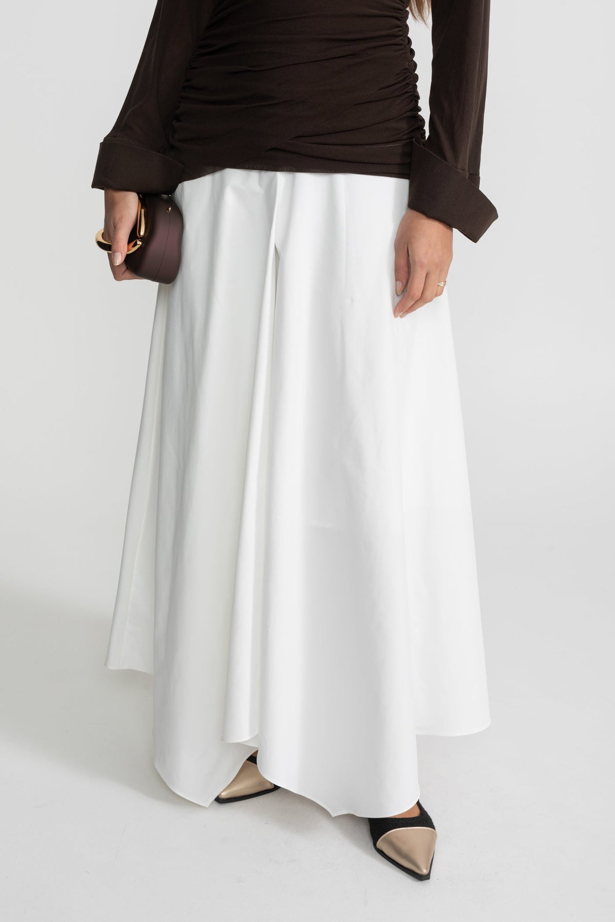 Long-Sleeve Ruched Bodice Maxi Dress – Brown & White