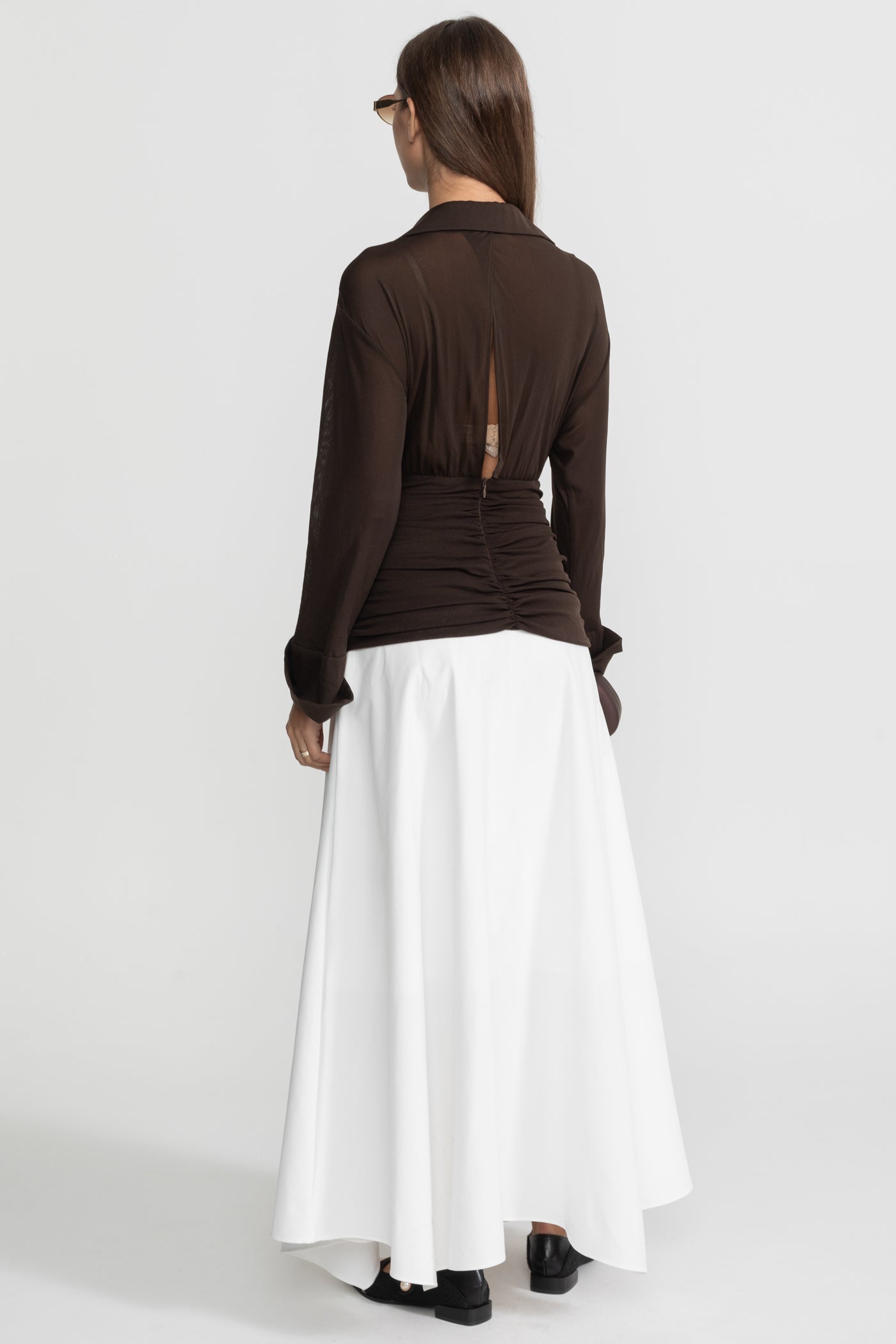 Long-Sleeve Ruched Bodice Maxi Dress – Brown & White