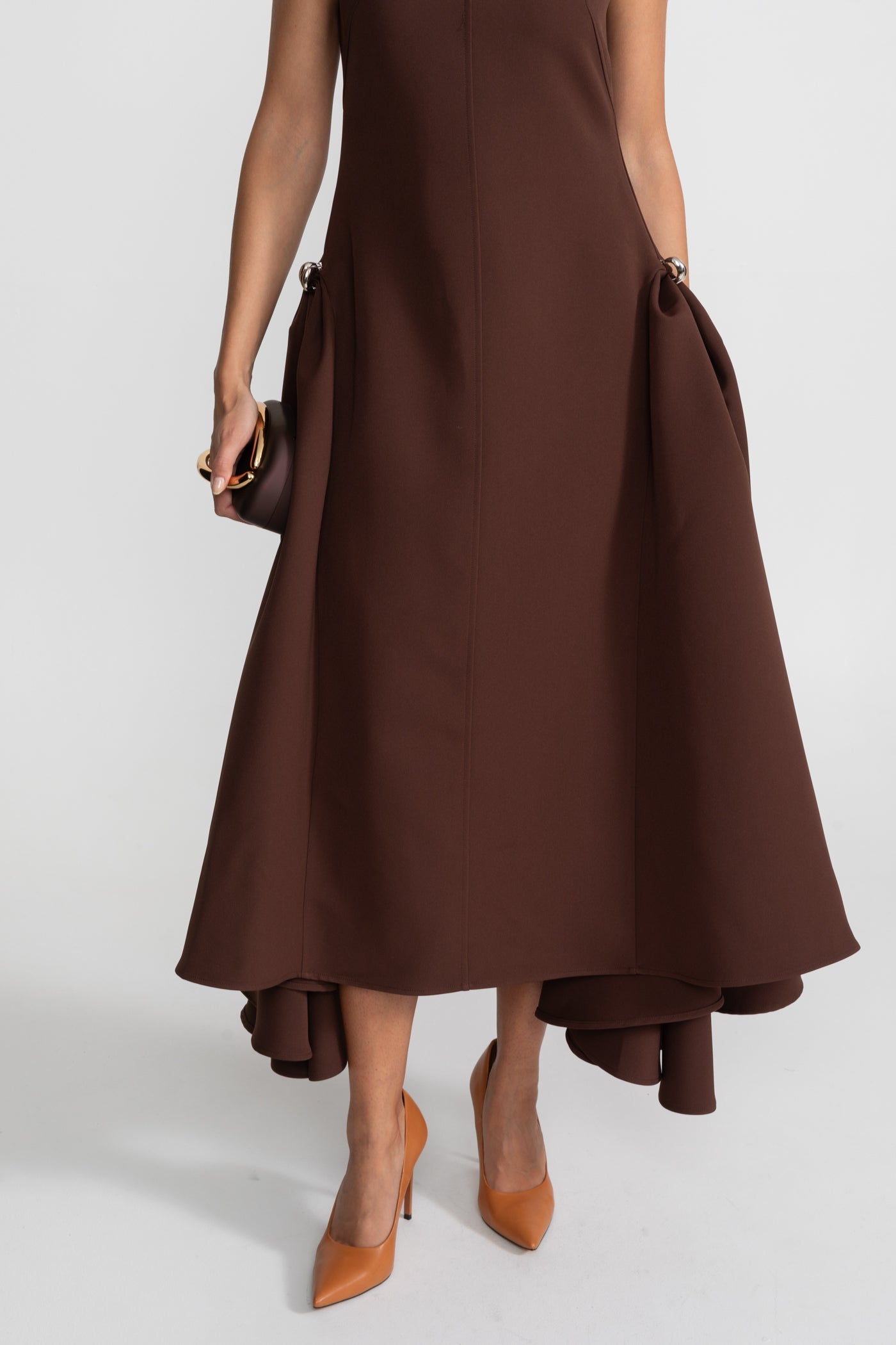 Structured Midi Dress with High-Low Hem and Metal Ring Details - Brown