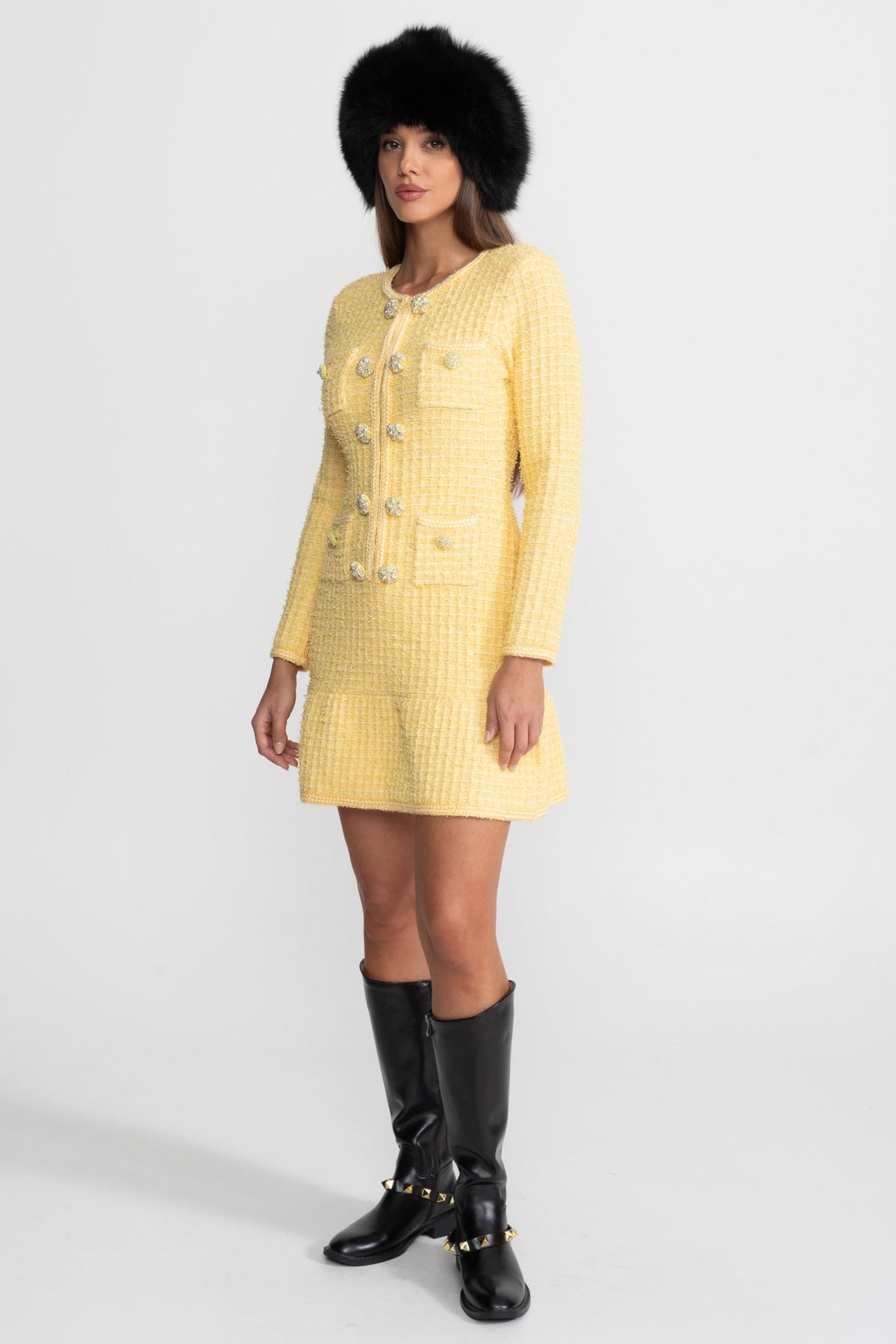 Florentine Yellow Long Sleeve Knee-Length Knitted Dress
