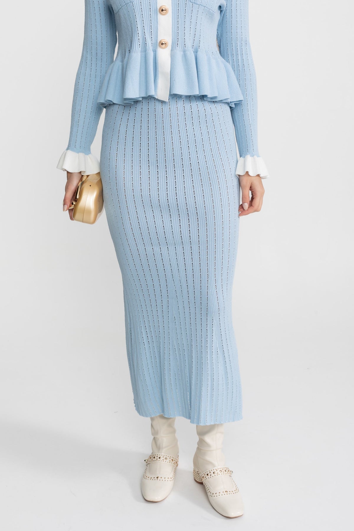 Maelle Baby Blue Pointelle Knit Midi Co-Ord with Contrast Trim