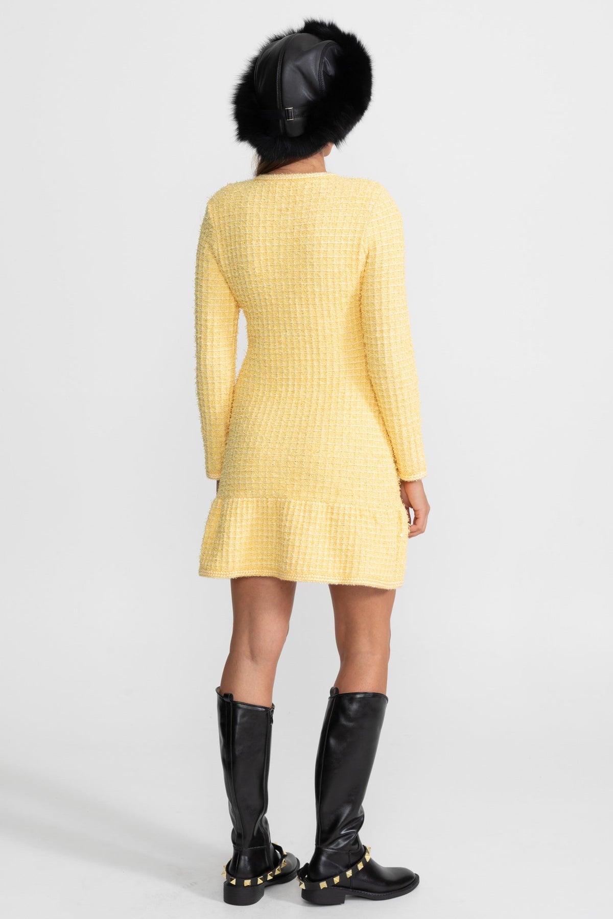 Florentine Yellow Long Sleeve Knee-Length Knitted Dress