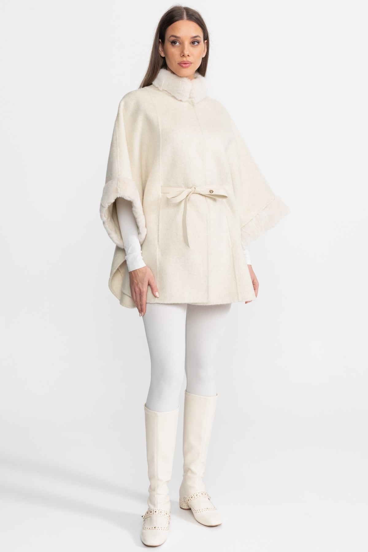 Wool Blend Cape Coat with Sable Fur Trim – Ivoire