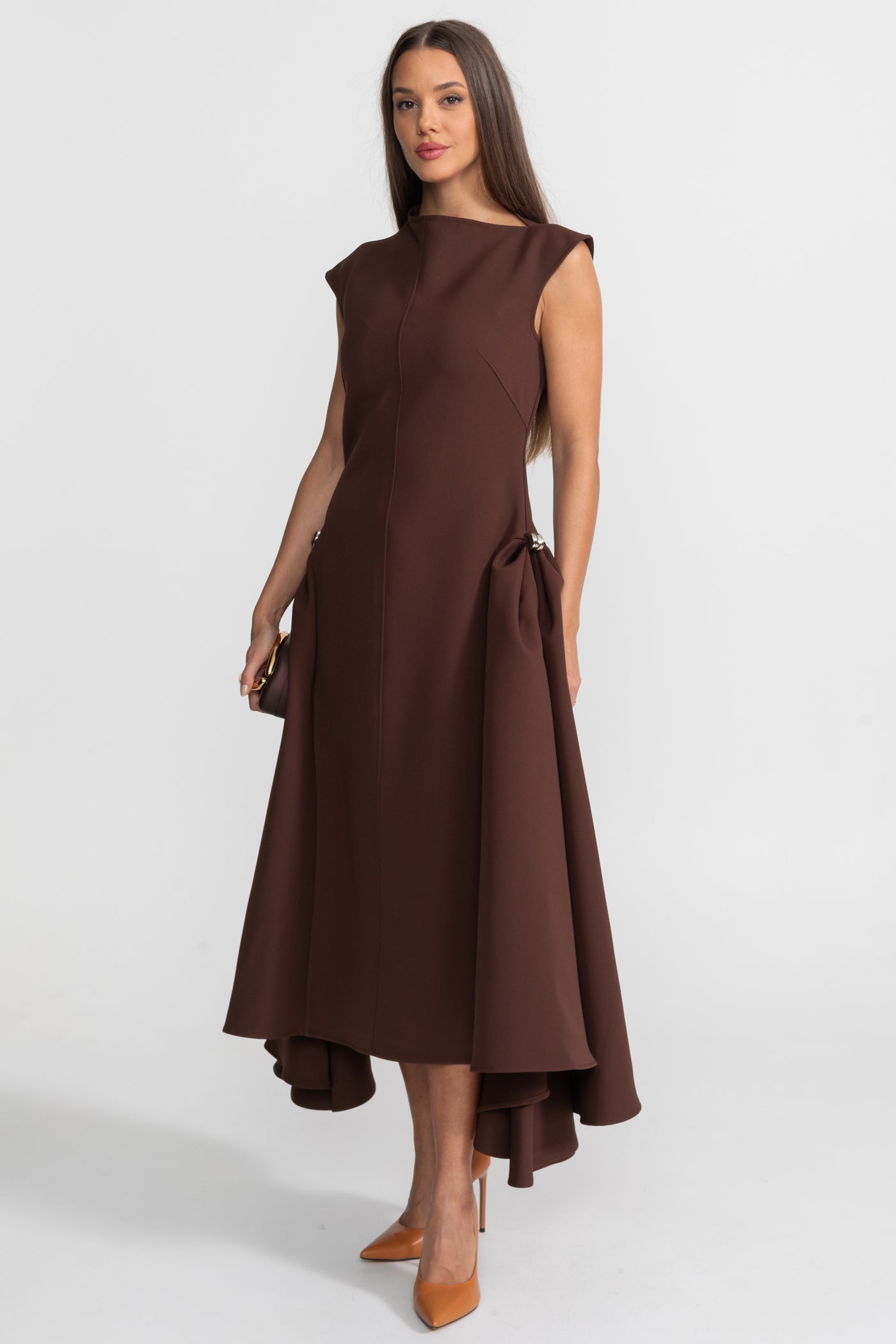 Structured Midi Dress with High-Low Hem and Metal Ring Details - Brown