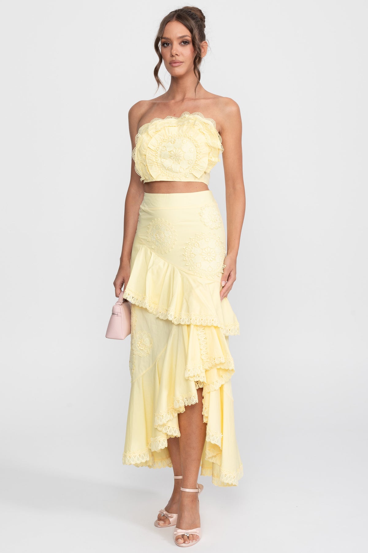 Crochet Medallion Two-Piece Set With Ruffled Maxi Skirt - Yellow
