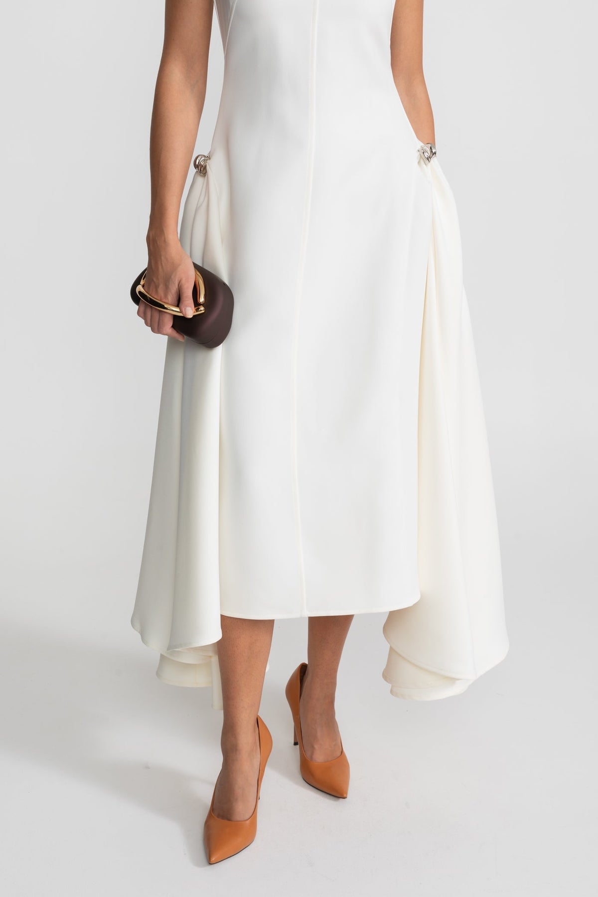 Structured Midi Dress with High-Low Hem and Metal Ring Details - White
