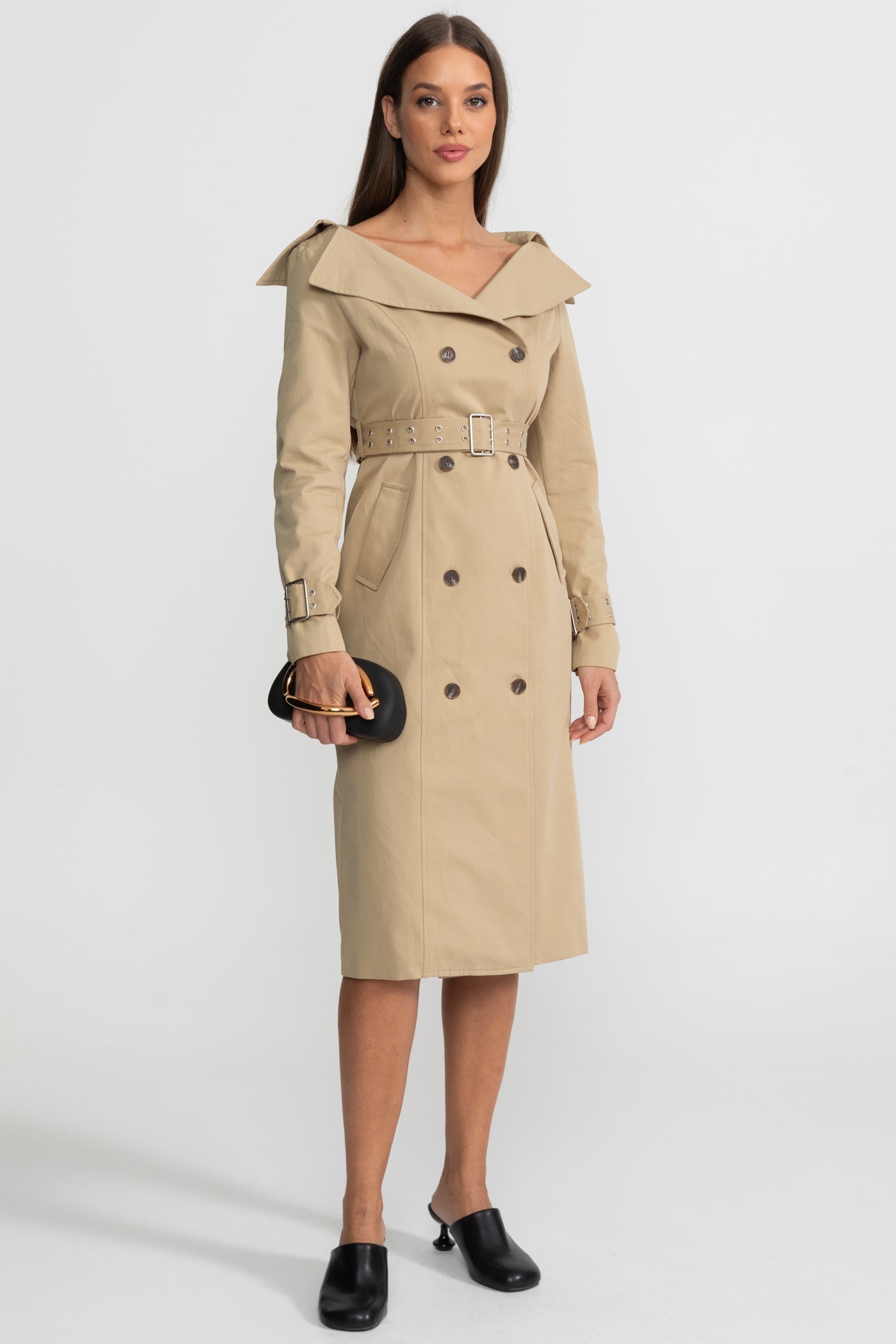 Off-Shoulder Double-Breasted Trench Coat Dress With Belted Waist – Brown