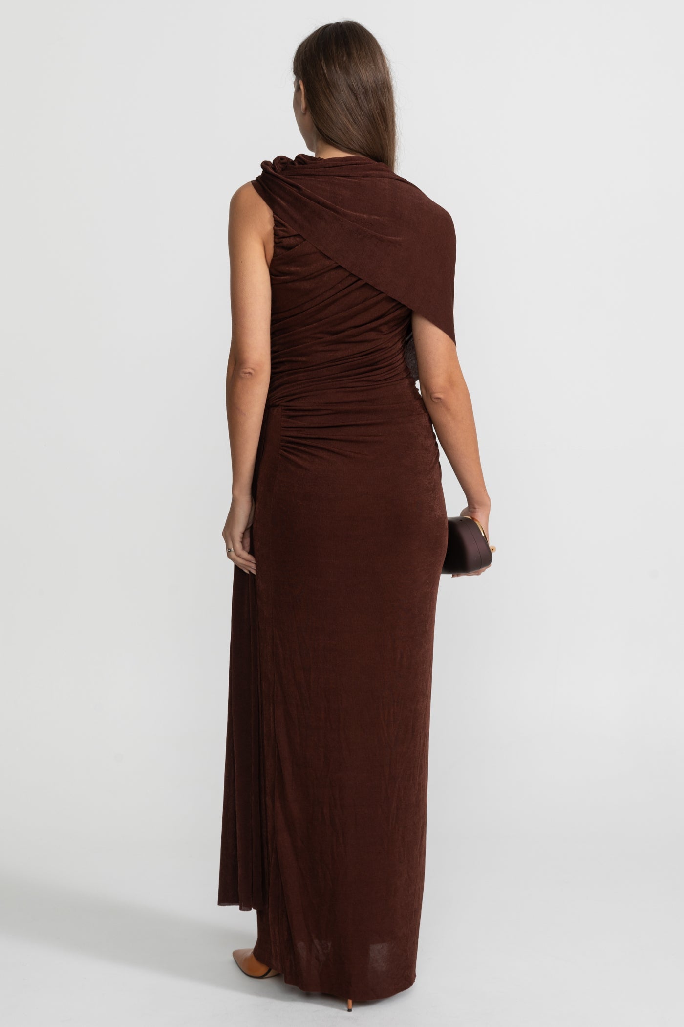 Draped Jersey Maxi Dress with Shoulder Scarf Detail - Brown