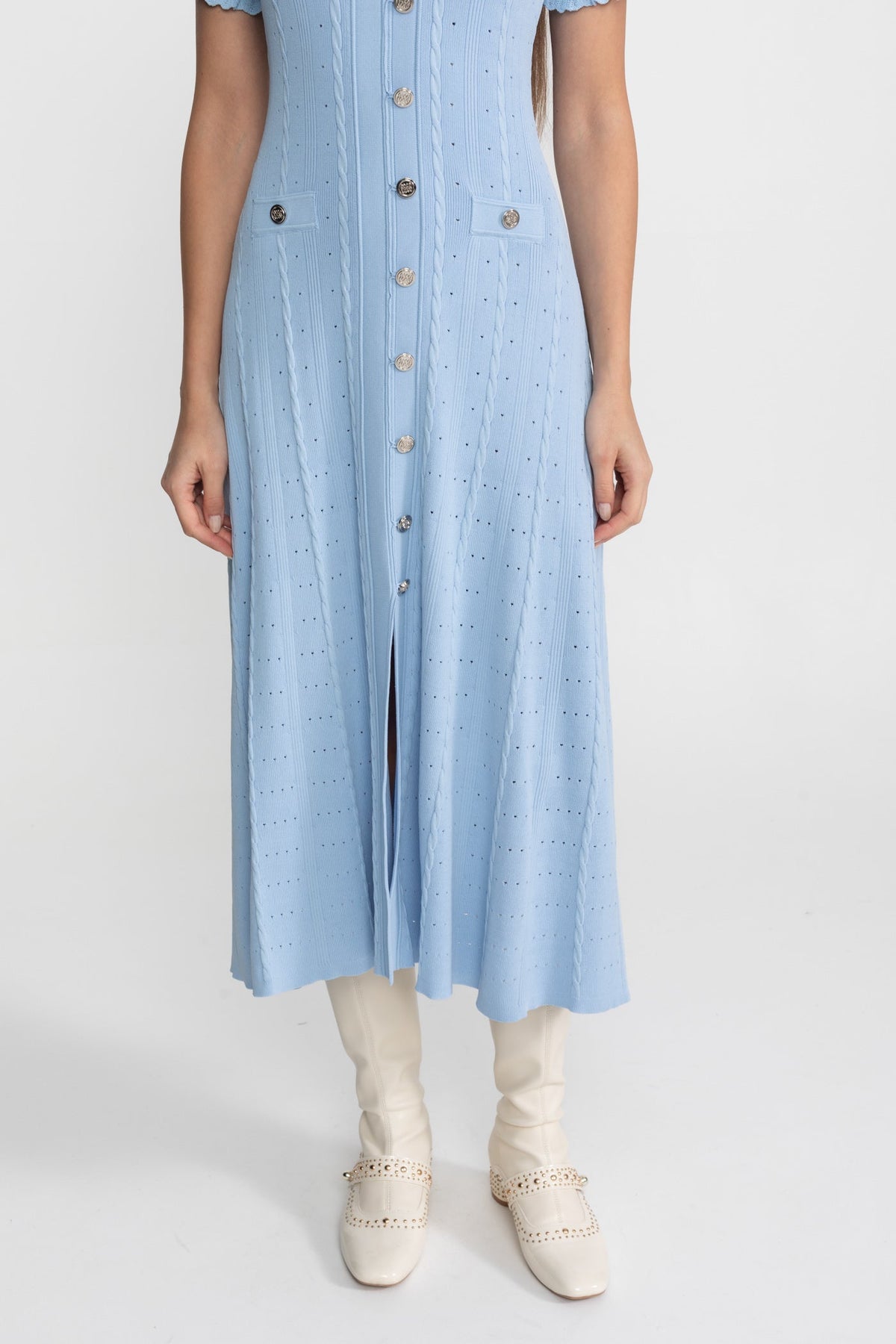 Corinne Baby Blue Knit Button-Front Midi Dress with Scalloped Sleeves