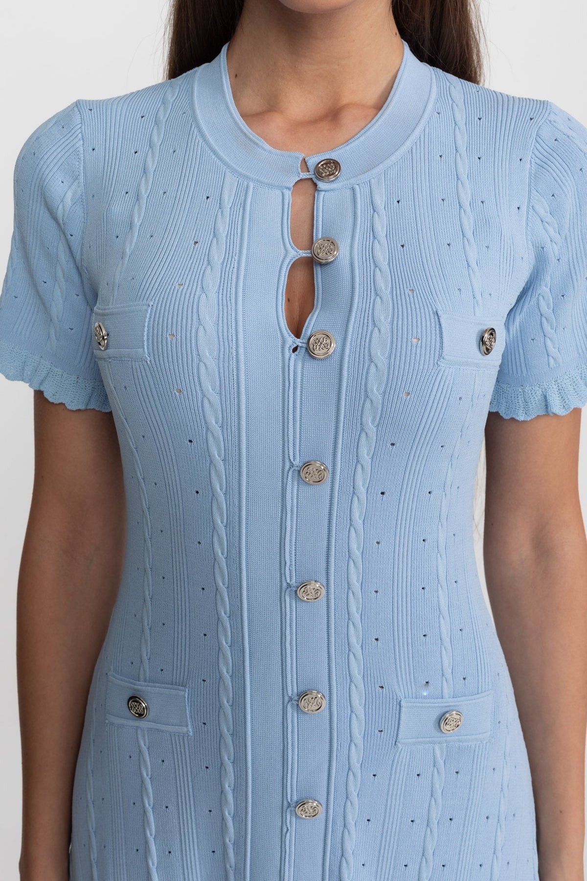 Corinne Baby Blue Knit Button-Front Midi Dress with Scalloped Sleeves