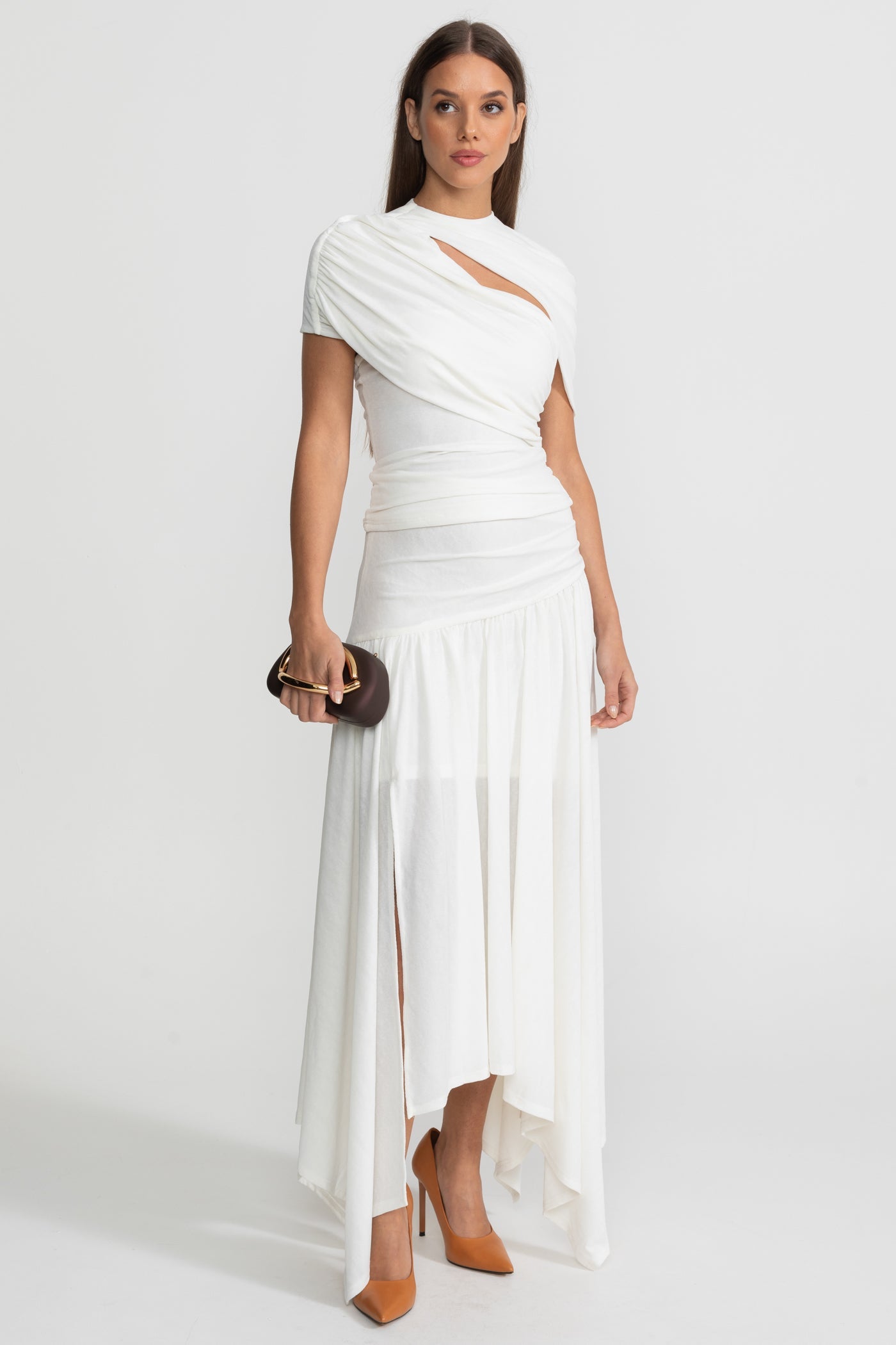 Asymmetric Jersey Co-Ord with Draped Shoulder and Cutout Detail - White
