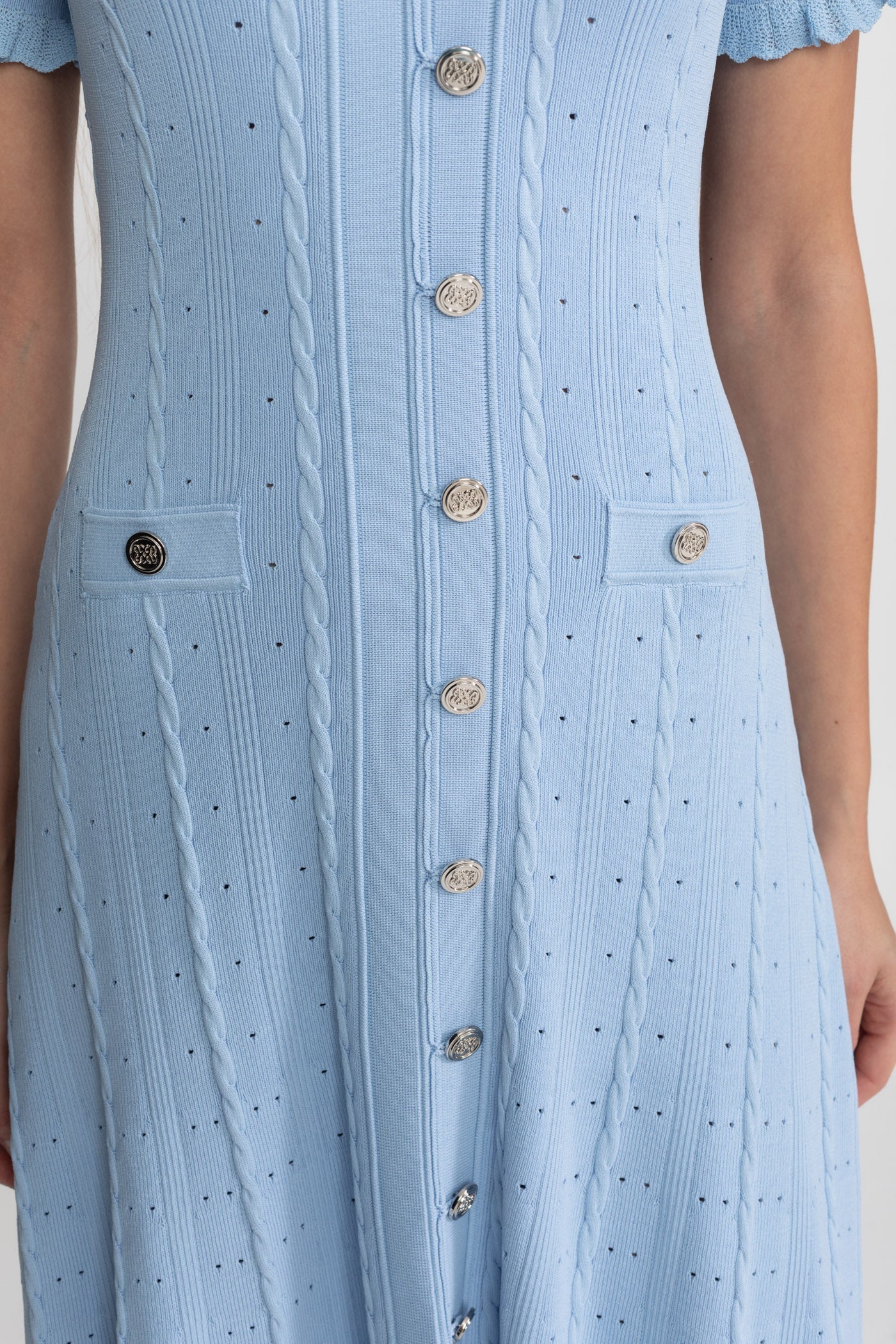 Corinne Baby Blue Knit Button-Front Midi Dress with Scalloped Sleeves
