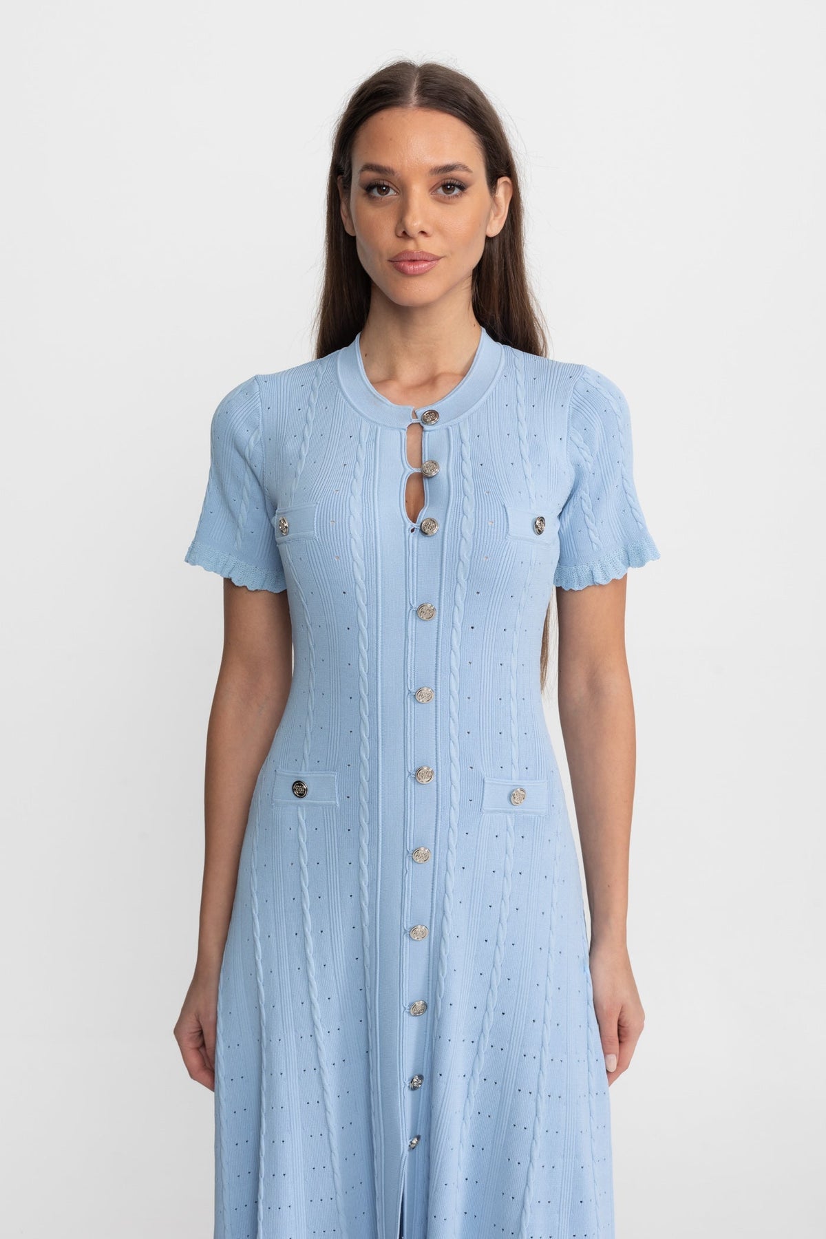 Corinne Baby Blue Knit Button-Front Midi Dress with Scalloped Sleeves