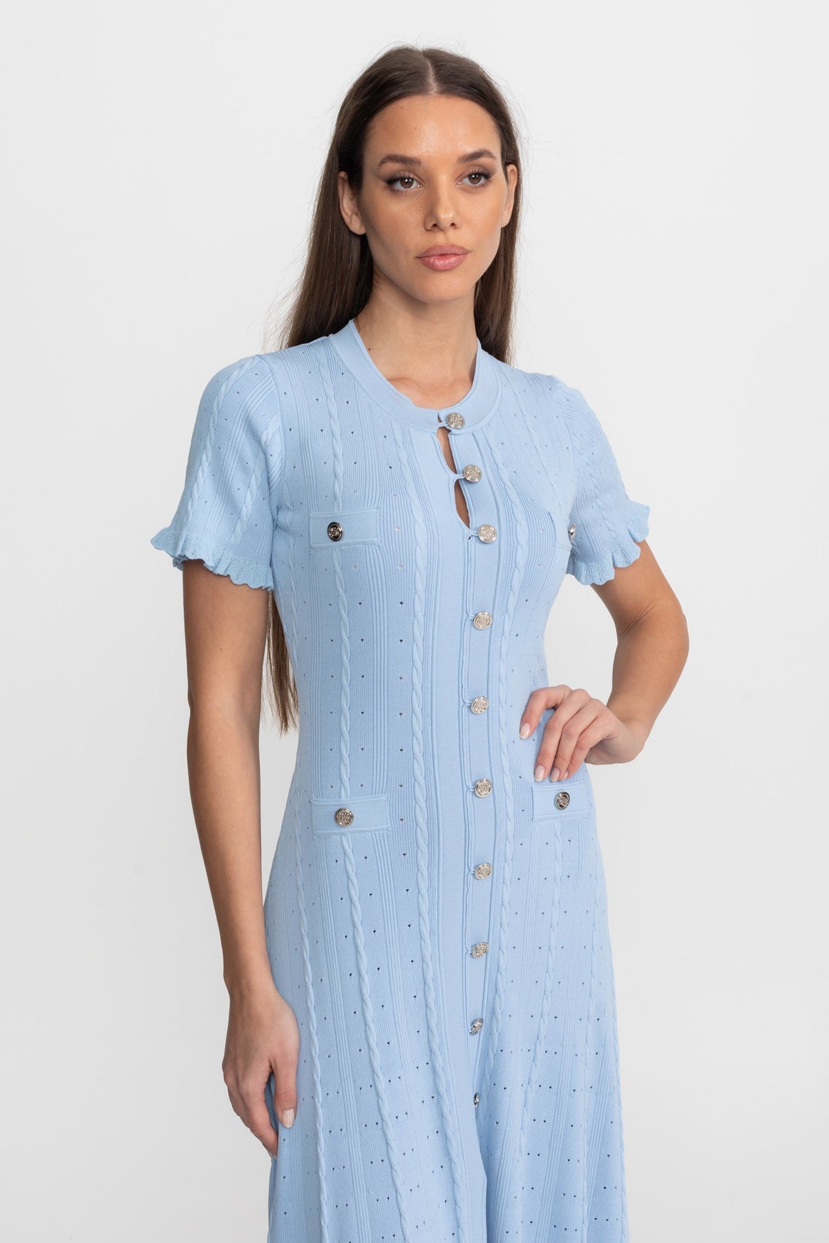 Corinne Baby Blue Knit Button-Front Midi Dress with Scalloped Sleeves