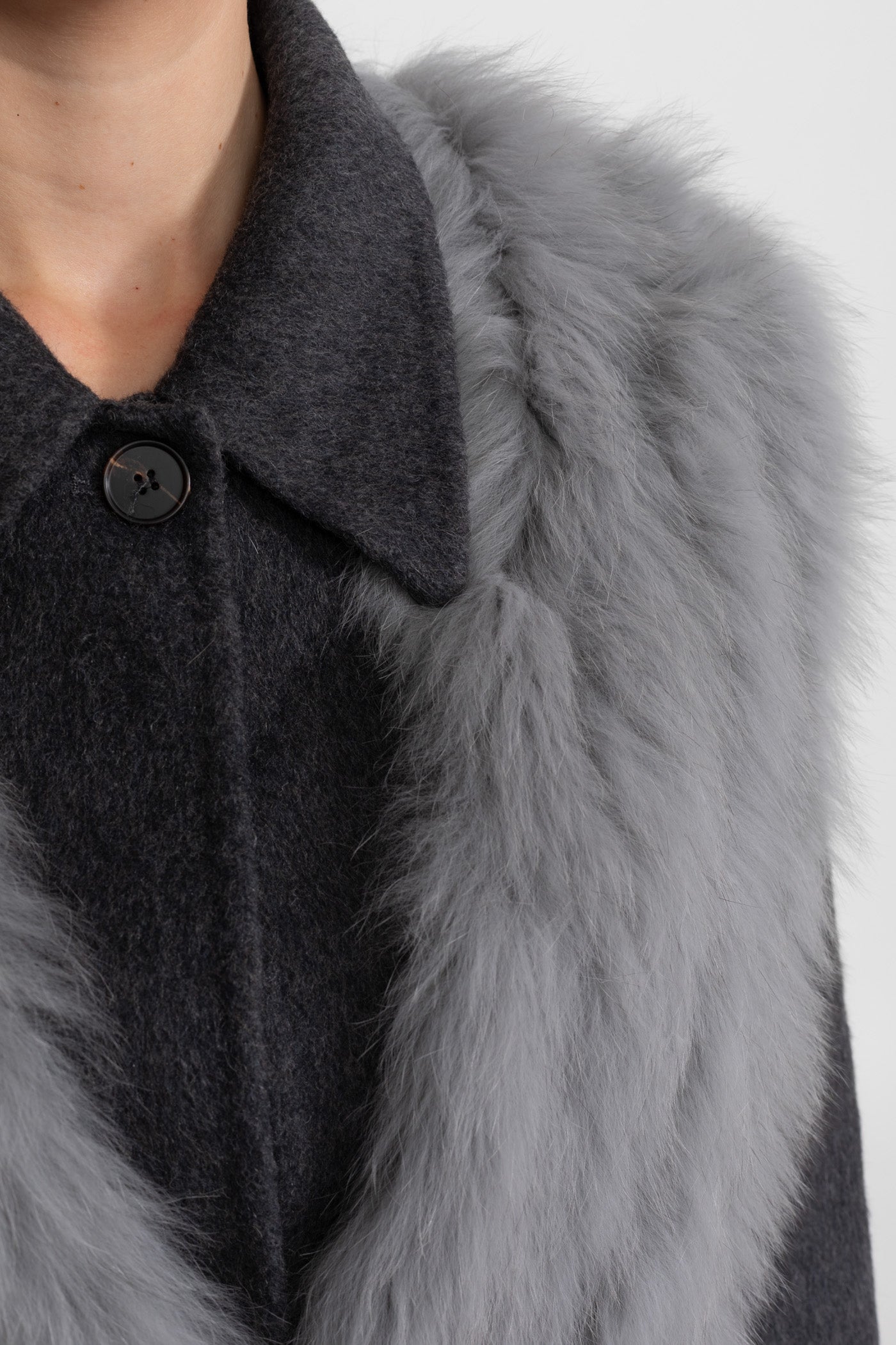 Wool Cropped Jacket with Fox Fur Collar – Charcoal Grey