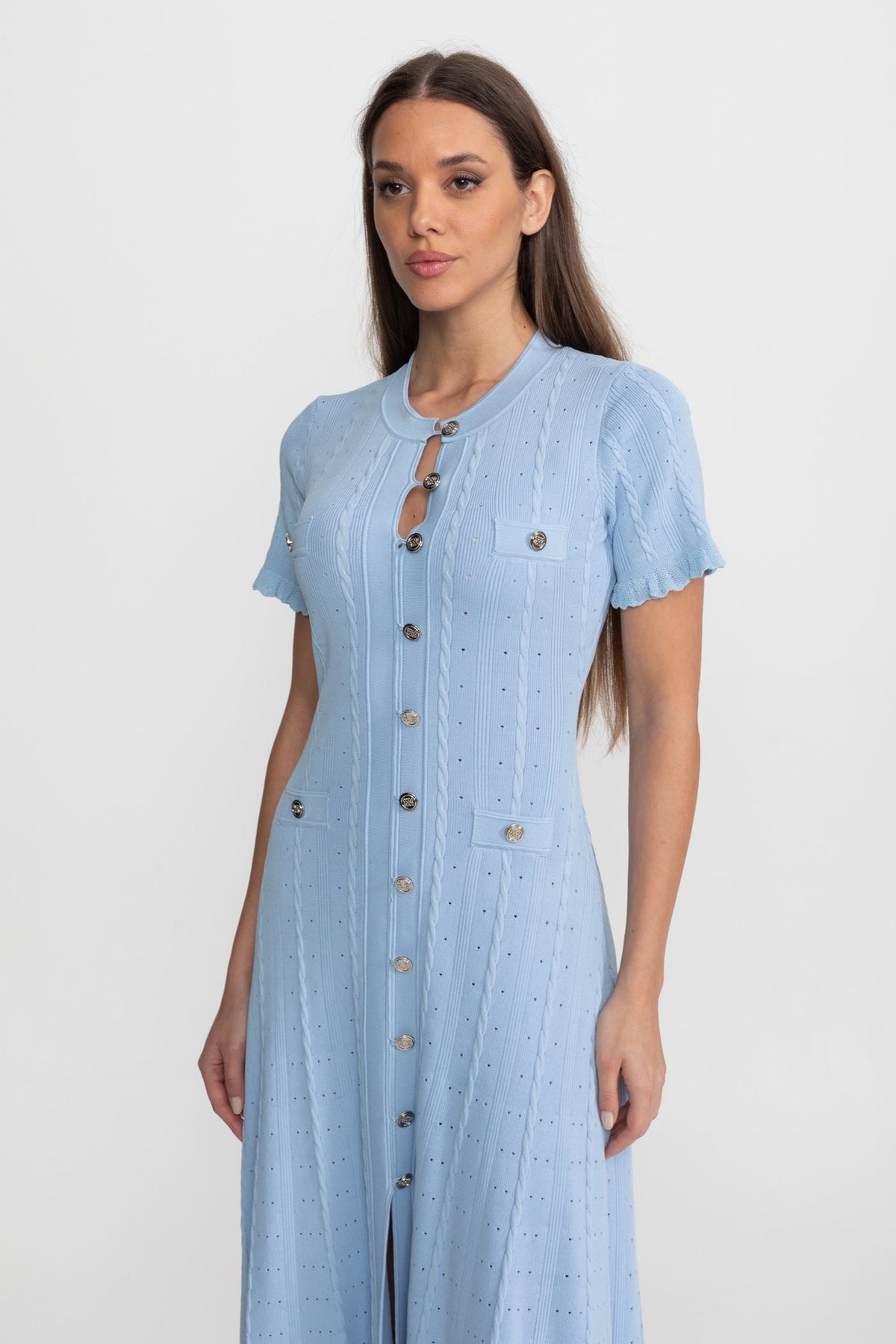 Corinne Baby Blue Knit Button-Front Midi Dress with Scalloped Sleeves