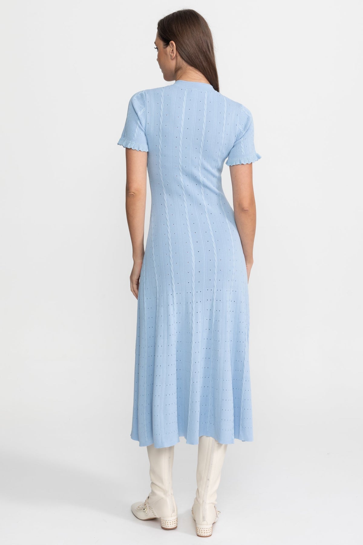 Corinne Baby Blue Knit Button-Front Midi Dress with Scalloped Sleeves