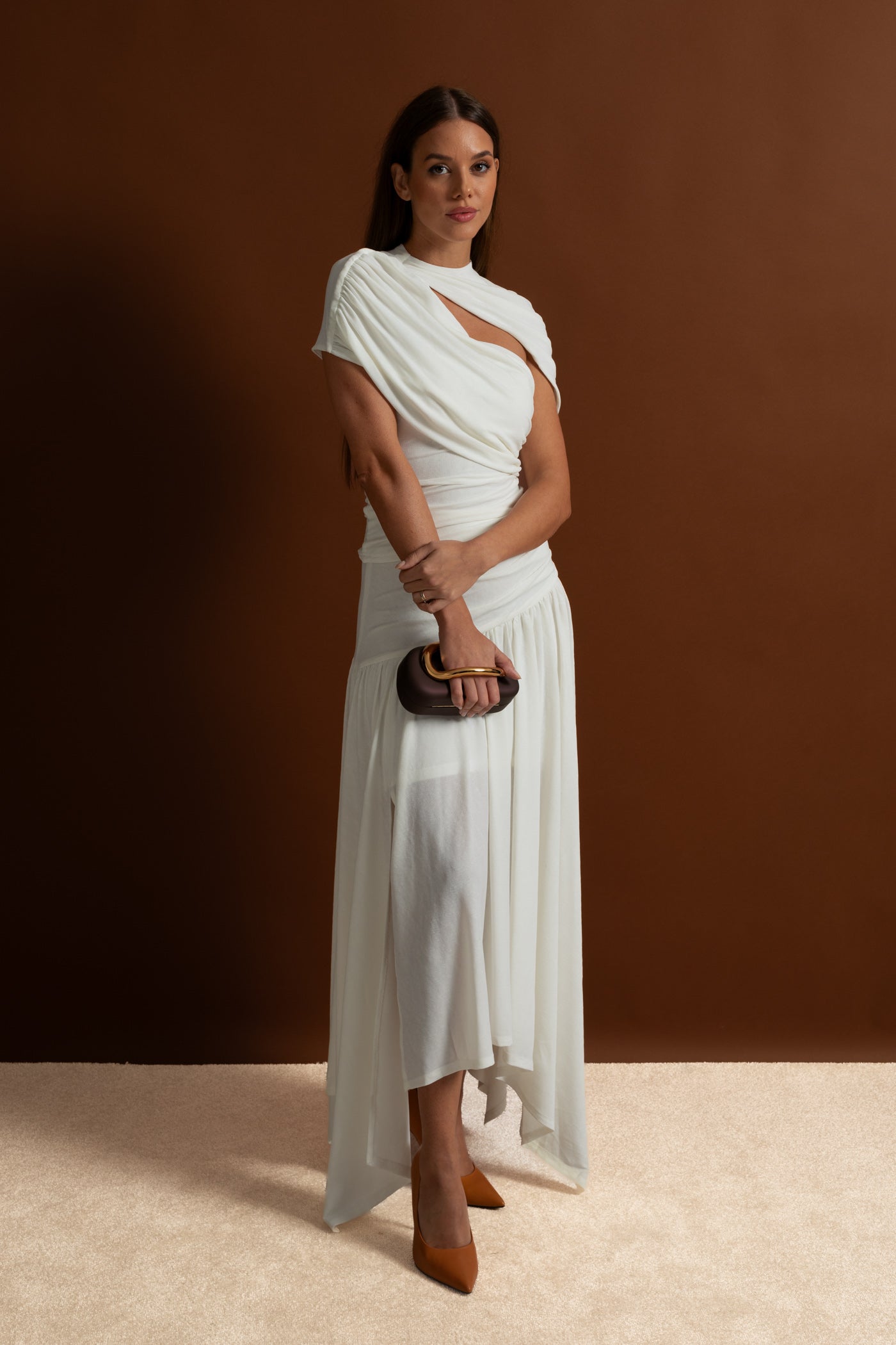 Asymmetric Jersey Co-Ord with Draped Shoulder and Cutout Detail - White