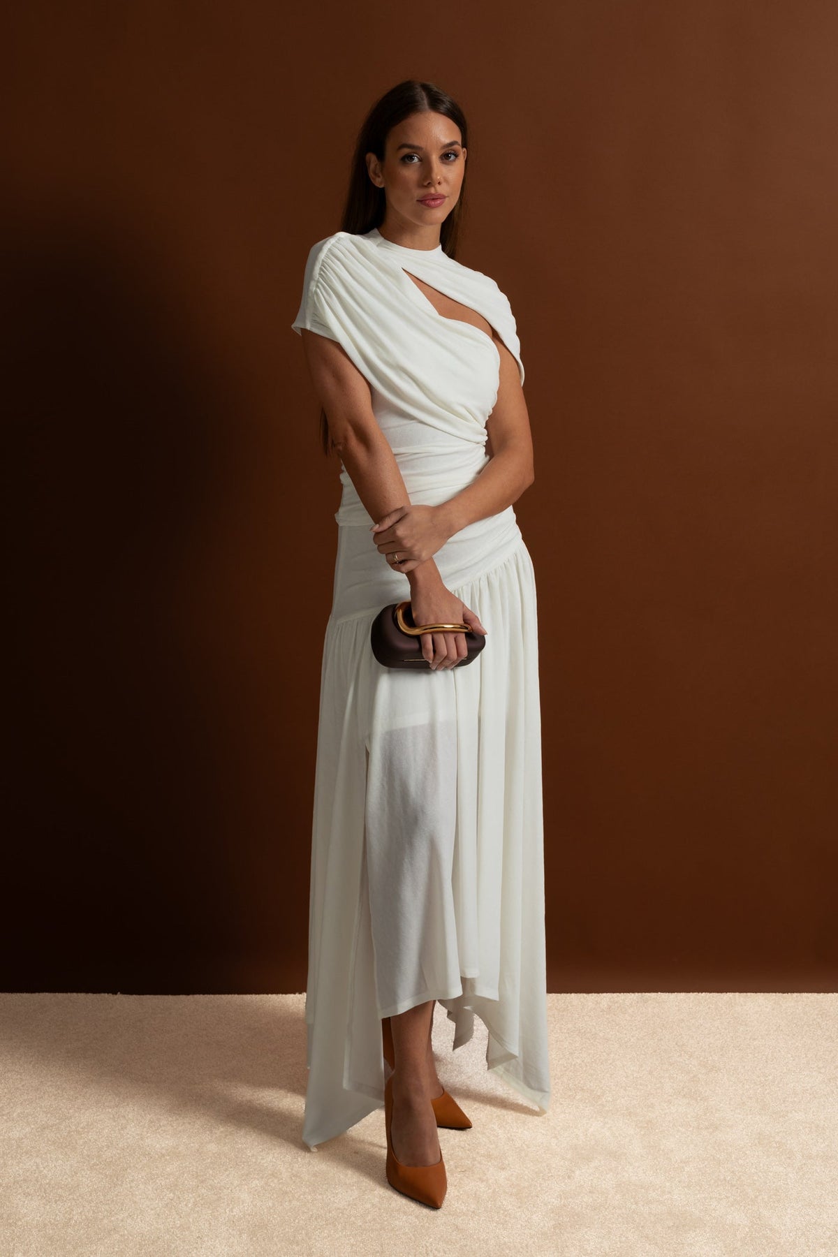 Asymmetric Jersey Co-Ord with Draped Shoulder and Cutout Detail - White