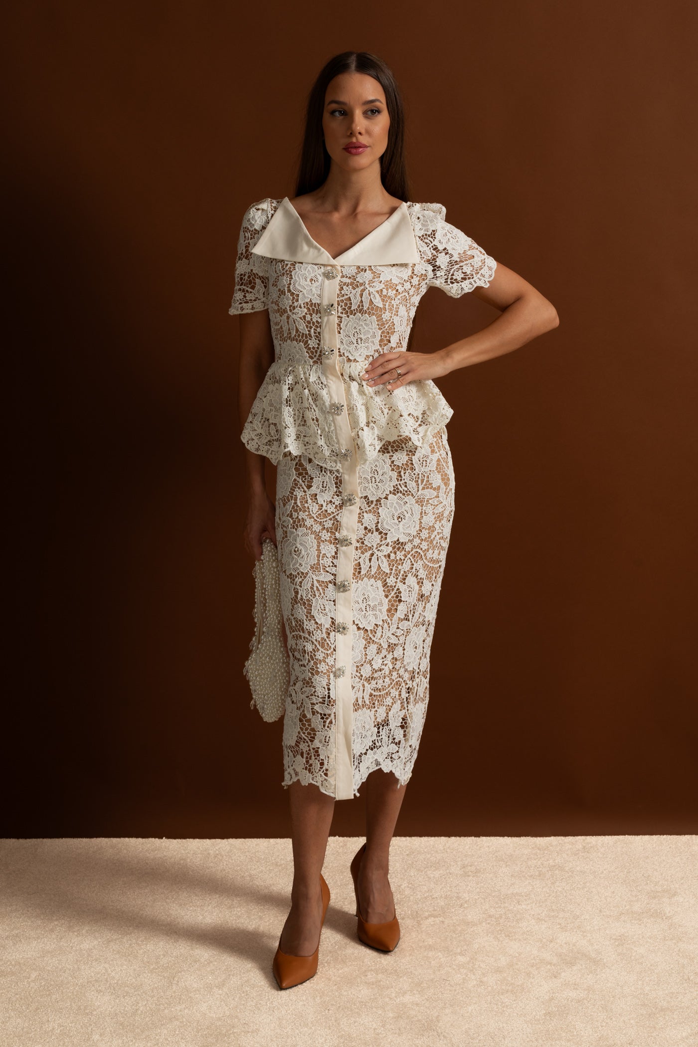Lace Midi Dress with Peplum Waist and Satin Collar - White
