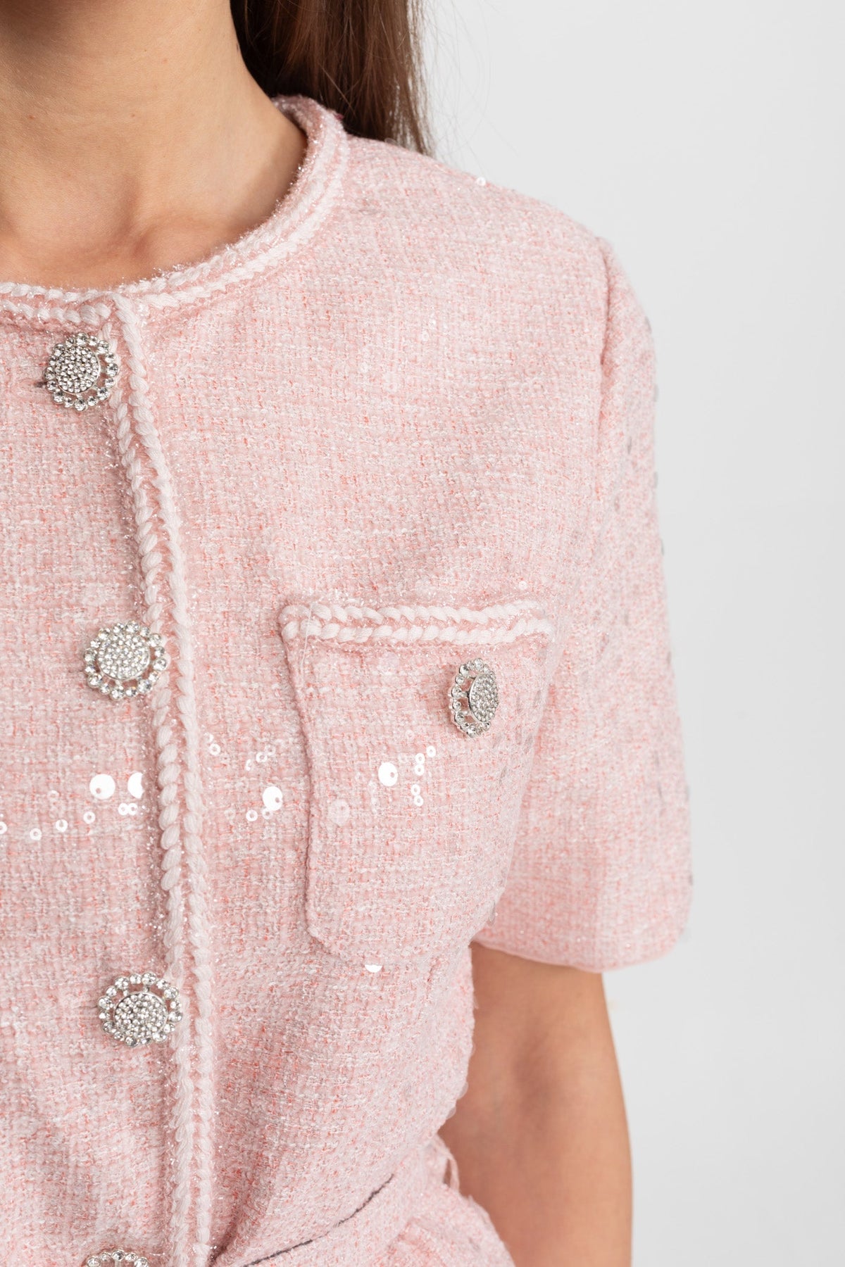 Celestia Blush Pink Embellished Tweed Midi Dress with Pleated Chiffon Skirt