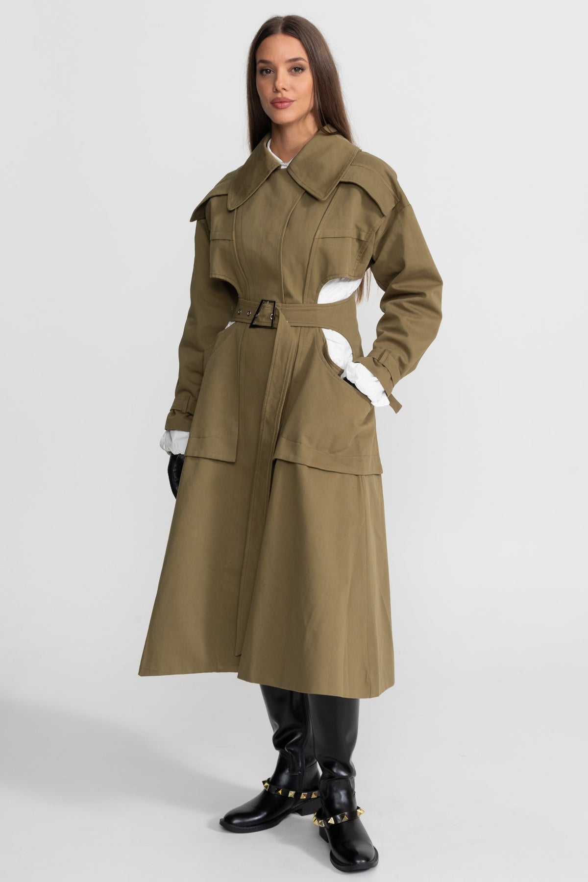 Cutout Trench Coat with Belted Waist and Utility Pockets - Khaki