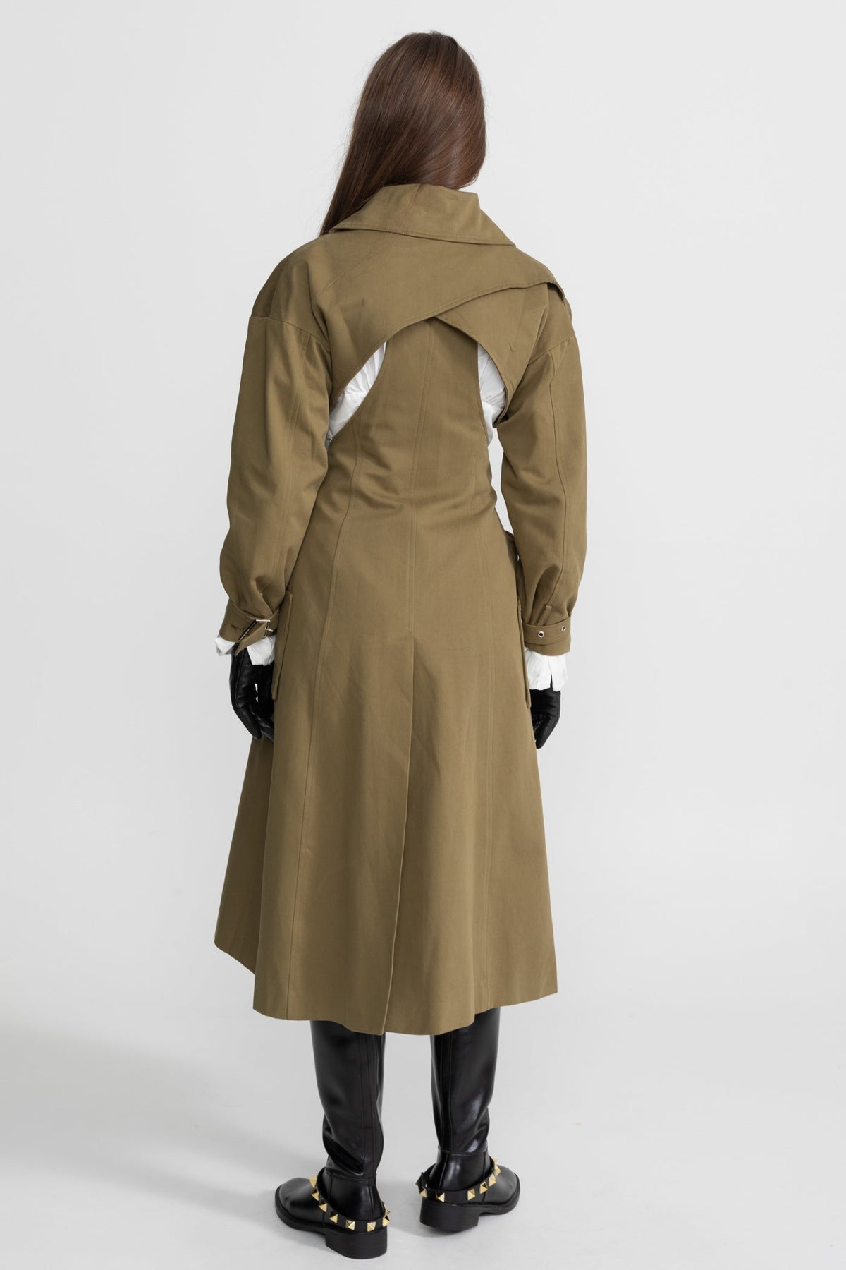 Cutout Trench Coat with Belted Waist and Utility Pockets - Khaki