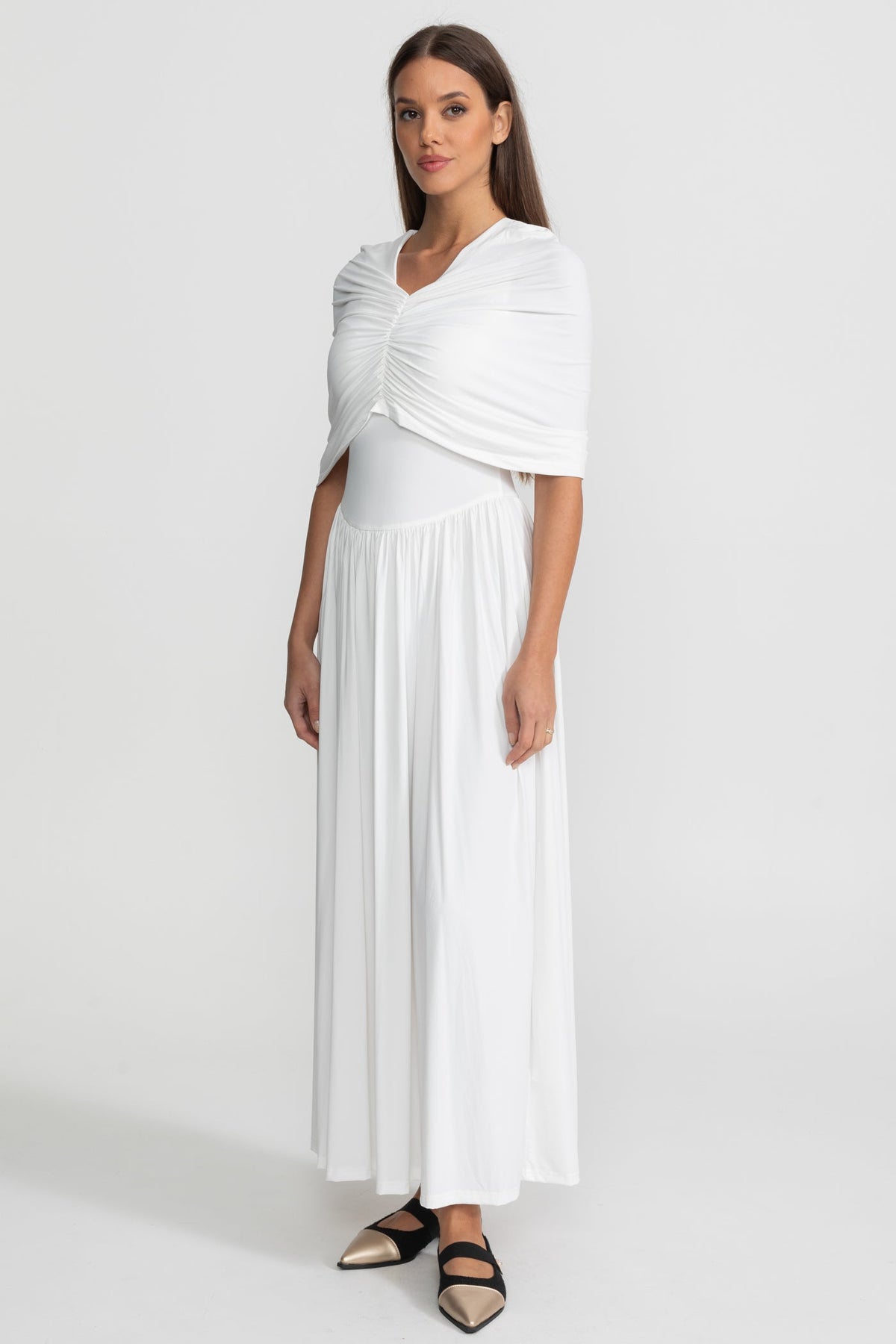 Gathered Jersey Maxi Dress with Cape Effect - White