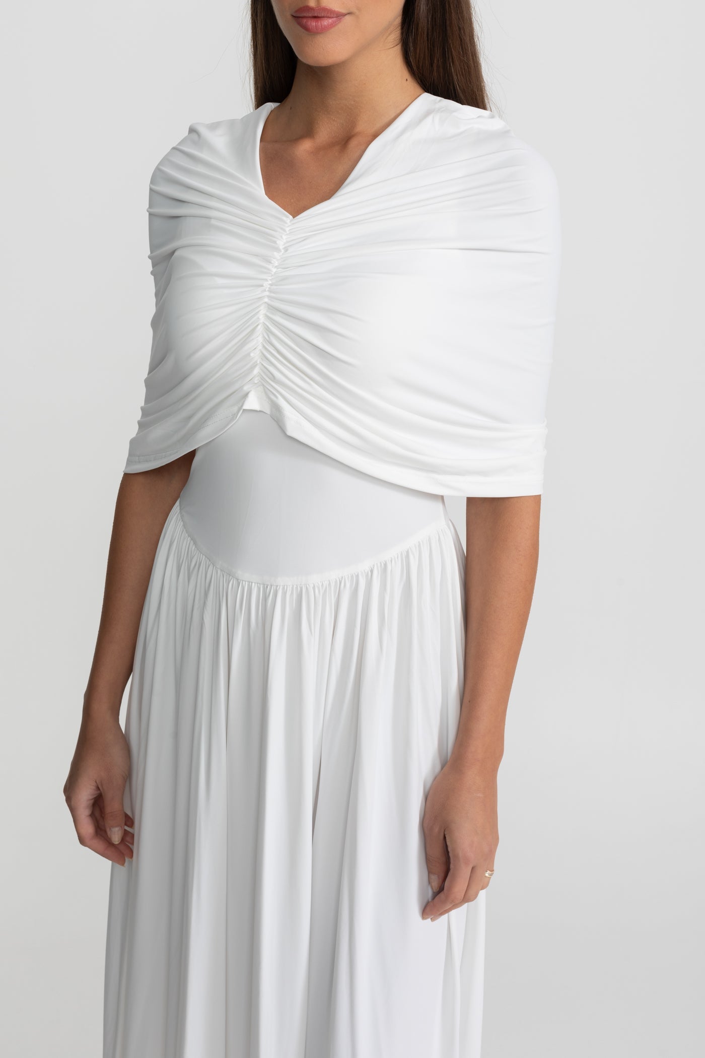 Gathered Jersey Maxi Dress with Cape Effect - White