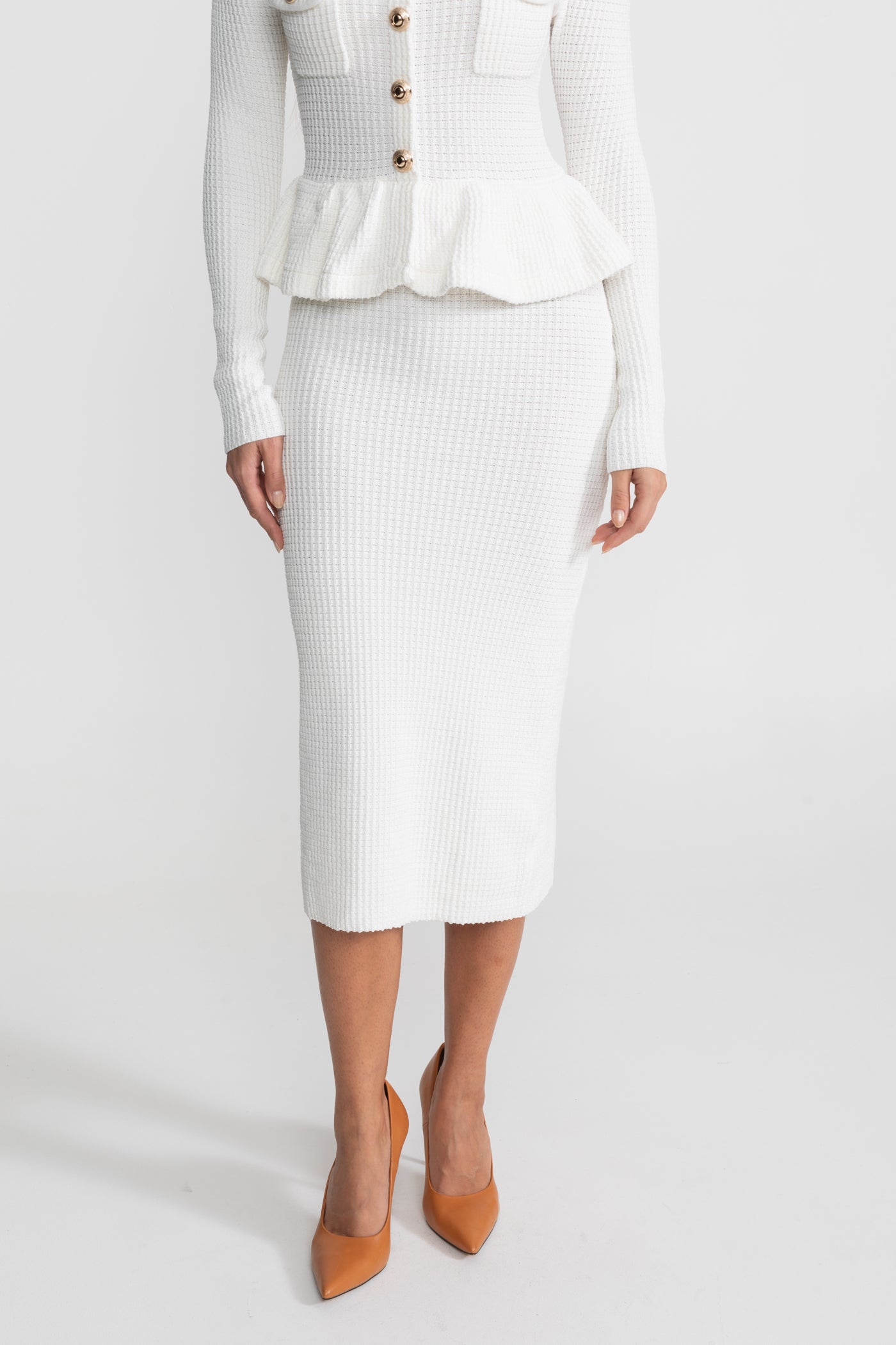 Textured Knit Dress with Peplum Waist and Gold Buttons - White