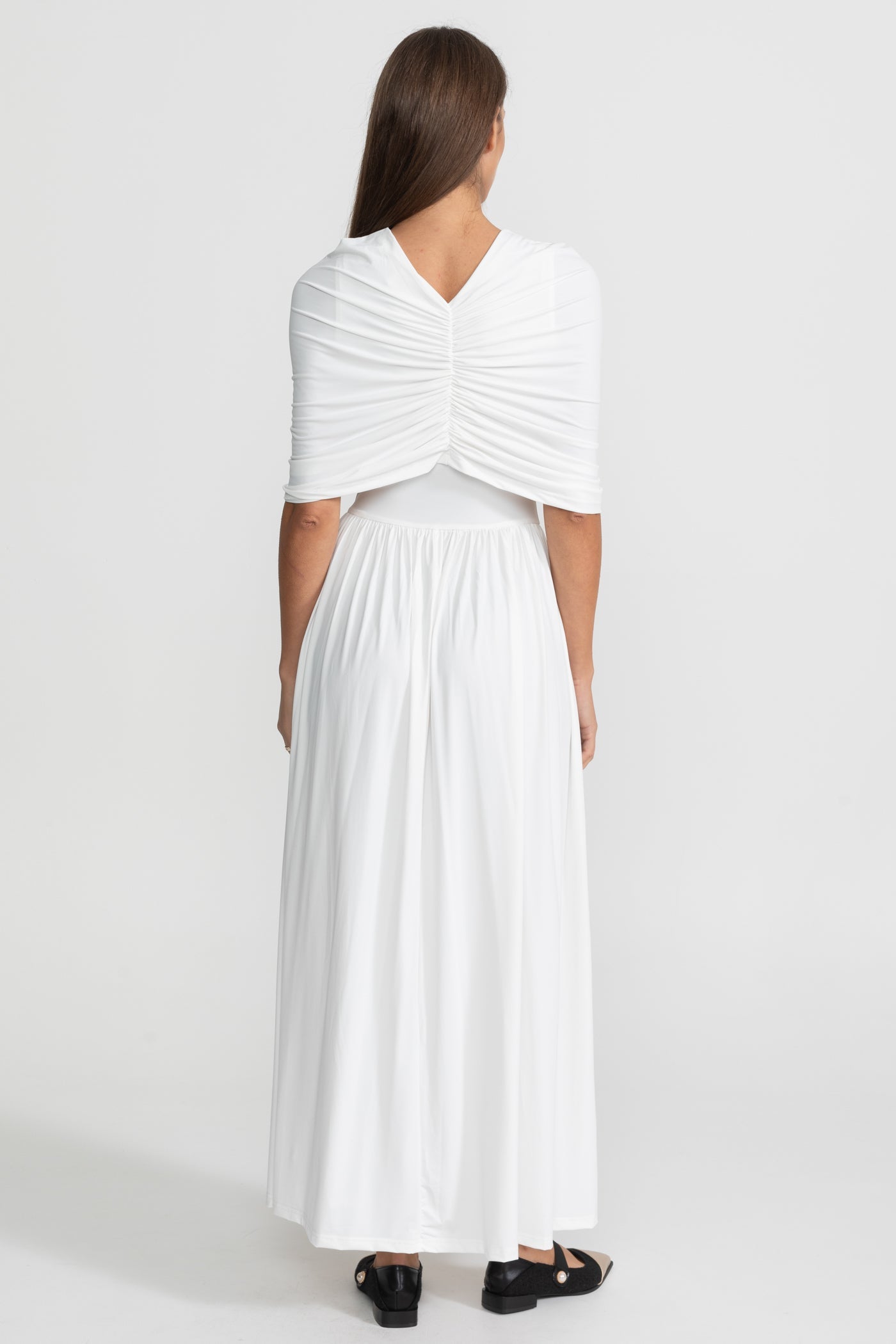 Gathered Jersey Maxi Dress with Cape Effect - White
