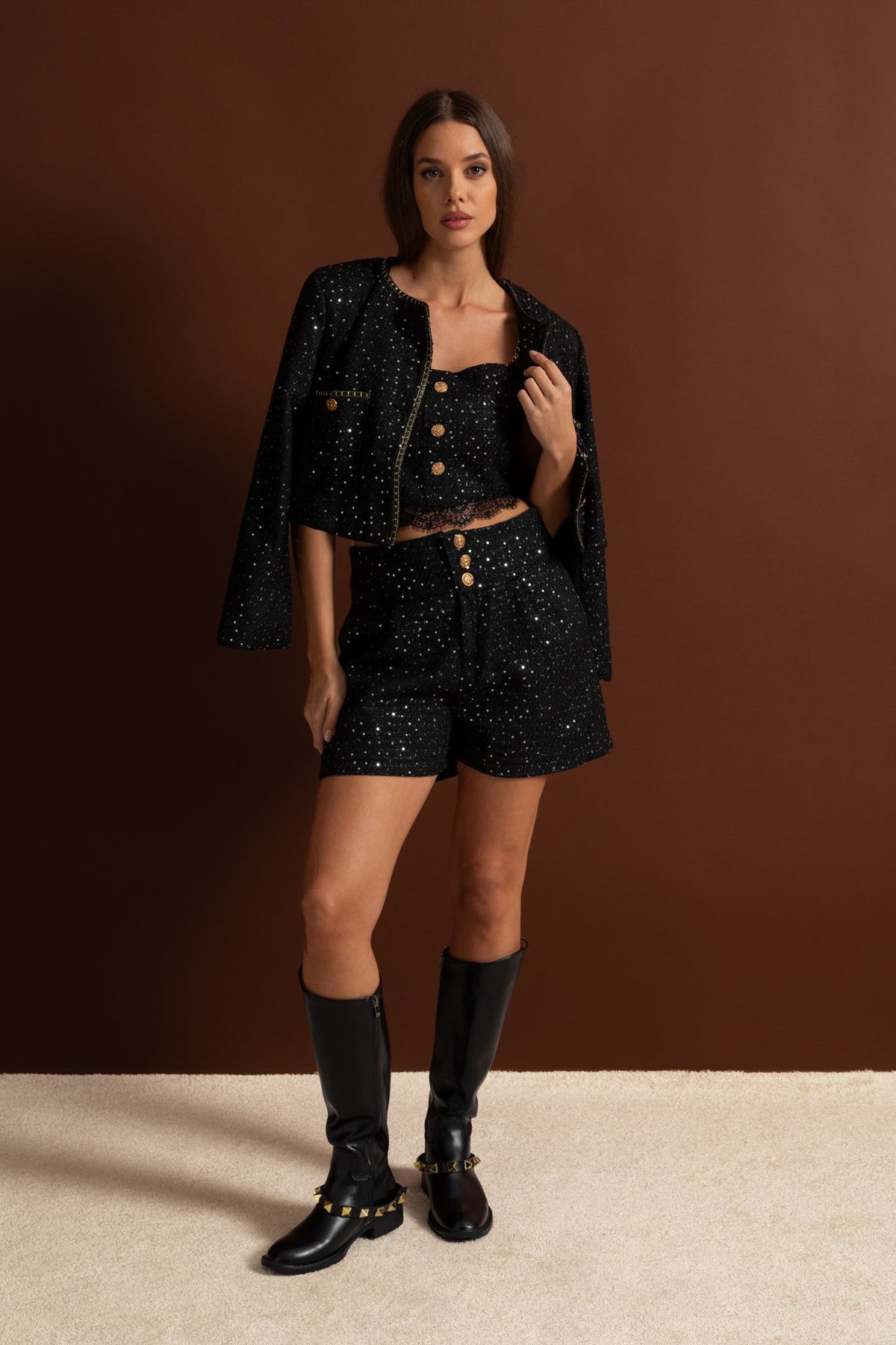 Embellished Co-Ord 3 Piece Set With Cropped Jacket, Lace Trim Top And High-Waist Shorts – Black