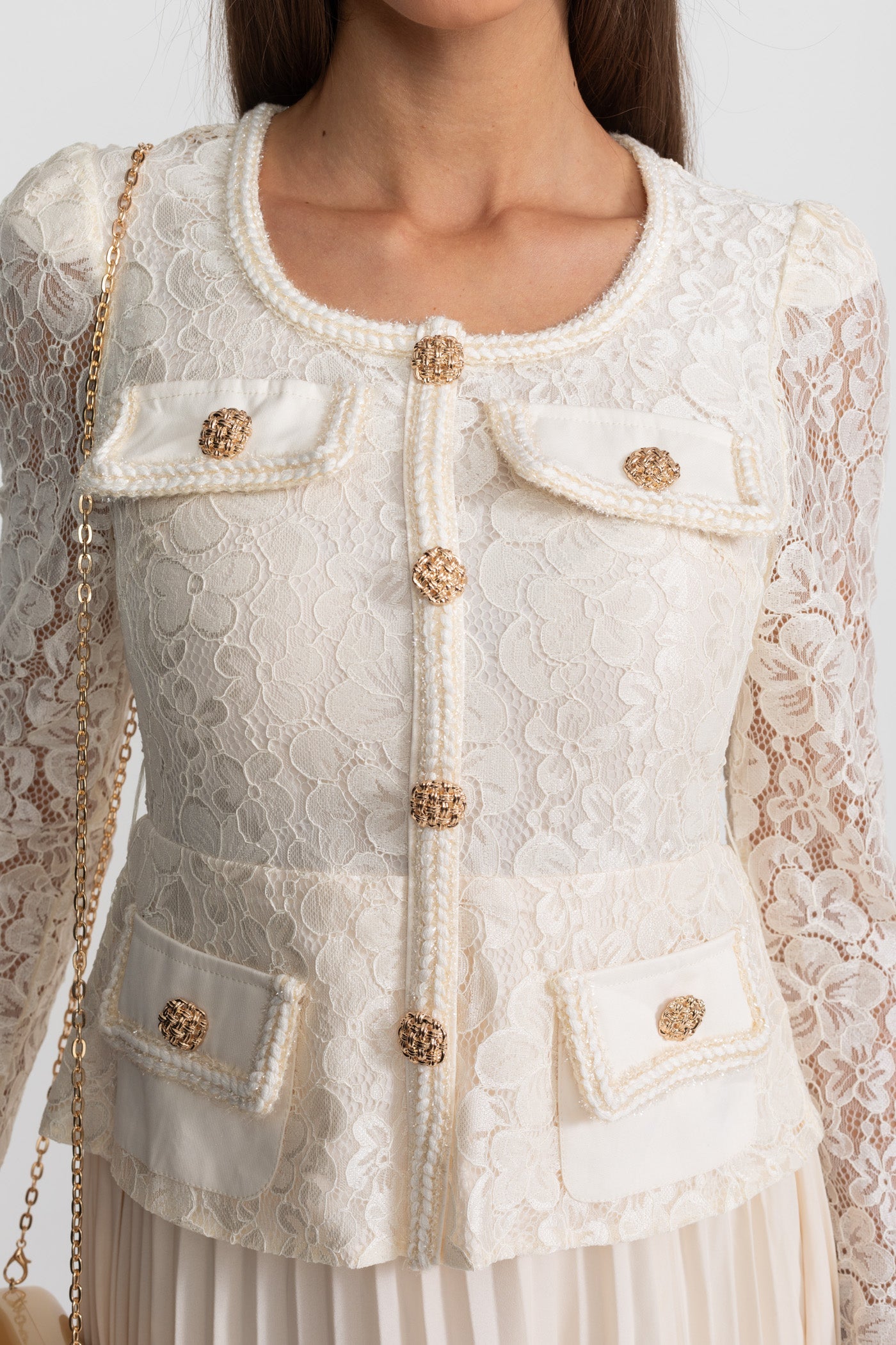 Lace and Pleated Midi Dress with Gold Button Detailing - Ivoire
