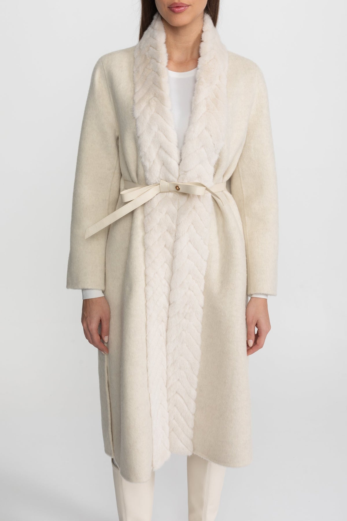 Wool Blend Belted Coat with Textured Sable Fur Panel – Ivoire